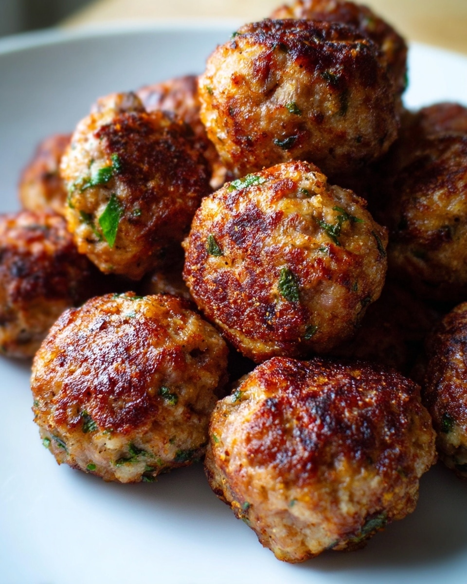 A close-up image of crispy golden-brown fried meatballs piled on a white plate. Each meatball is round with a rough, textured surface showing browned, crunchy edges and bits of green herbs scattered throughout. The meatballs fill the plate, with some slightly out of focus in the background. The plate sits on a white marbled surface that adds a clean and simple backdrop to the warm colors of the meatballs. photo taken with an iphone --ar 4:5 --v 7