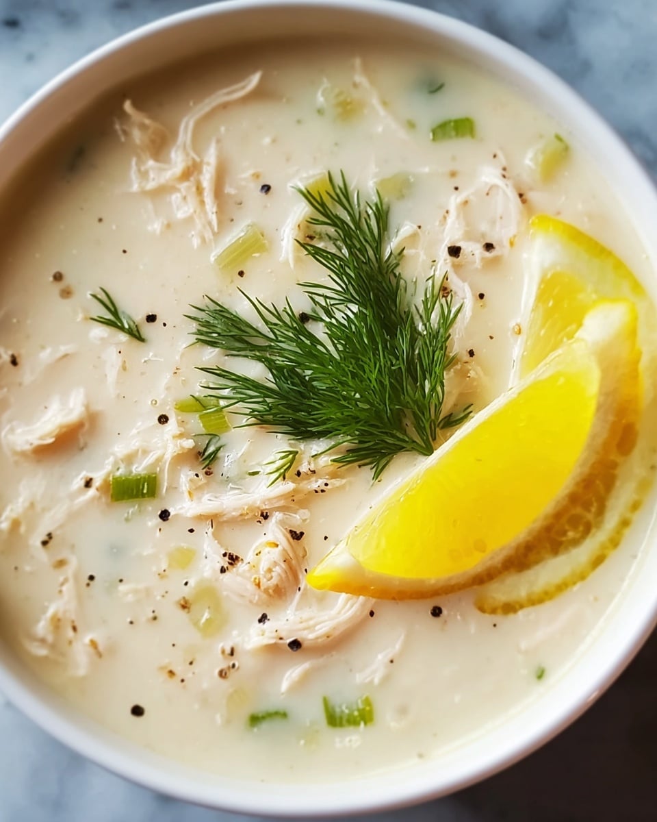 A close-up of creamy white soup in a white bowl, showing delicate shredded white chicken pieces scattered throughout the smooth, light-colored broth. On top, there is a fresh green dill sprig placed near the center and a bright yellow lemon wedge positioned on the right side. Small black pepper specks are sprinkled across the surface, adding contrast to the creamy texture. The bowl sits on a white marbled surface. Photo taken with an iphone --ar 4:5 --v 7