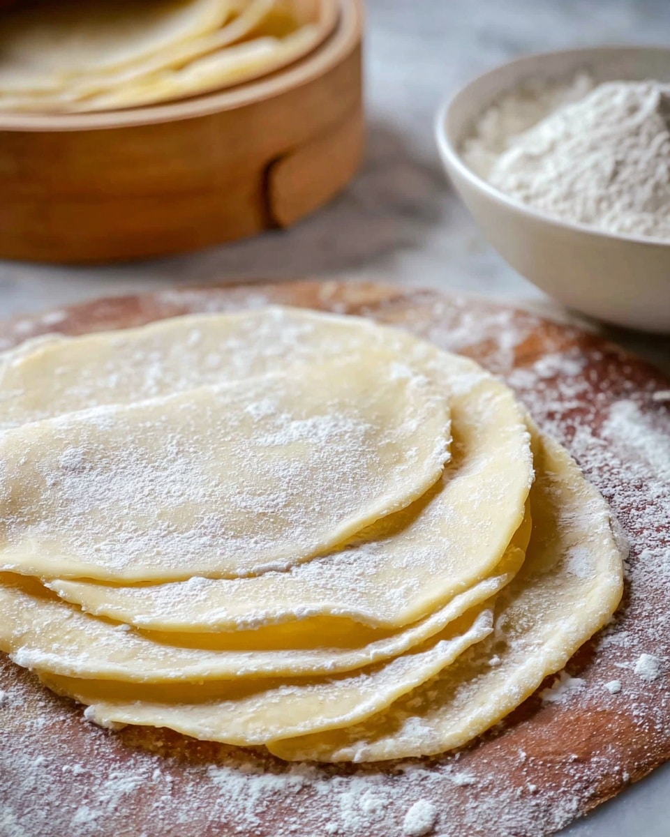 Several thin, round dough sheets are laid out overlapping each other on a wooden surface lightly dusted with flour. The dough is pale yellow with a soft, slightly textured look, and white flour is scattered unevenly on the dough's surface. In the background, there is a white bowl filled with flour on the right side and a wooden steamer basket containing more dough sheets blurred in the distance. The whole scene is set on a white marbled textured surface. photo taken with an iphone --ar 4:5 --v 7