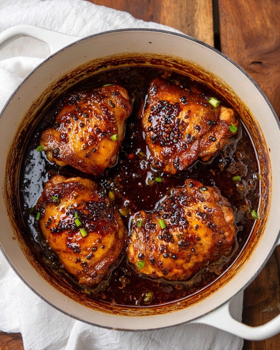 A white pot with four golden brown roasted chicken thighs inside, each thigh covered in a shiny, dark caramelized sauce dotted with black peppercorns and small green onion pieces. The chicken skin looks crispy and slightly charred in spots, sitting in a pool of thick, dark brown sauce that coats the bottom and sides of the pot. The pot is placed on a wooden surface with a white cloth nearby. Photo taken with an iphone --ar 4:5 --v 7