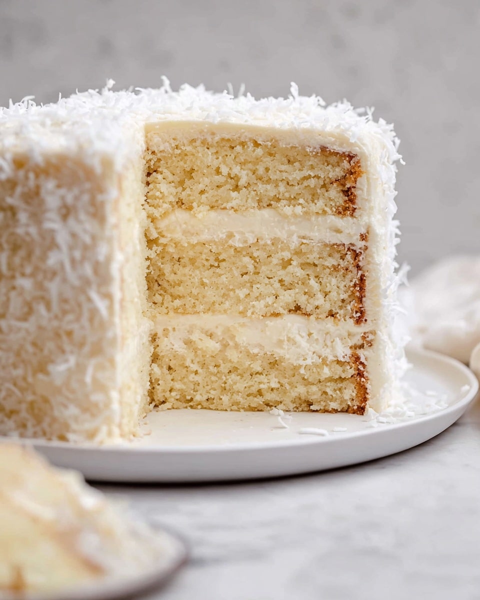 A tall, round, three-layer cake sits on a white plate, its light golden sponge separated by smooth, creamy off-white frosting in between each layer. The cake is fully coated with the same creamy frosting and generously covered with fine, white shredded coconut flakes on top and around the sides, giving it a soft, textured look. The background is a white marbled surface that contrasts gently with the cake’s colors, while a small cut section of the cake is visible in the foreground. photo taken with an iphone --ar 4:5 --v 7