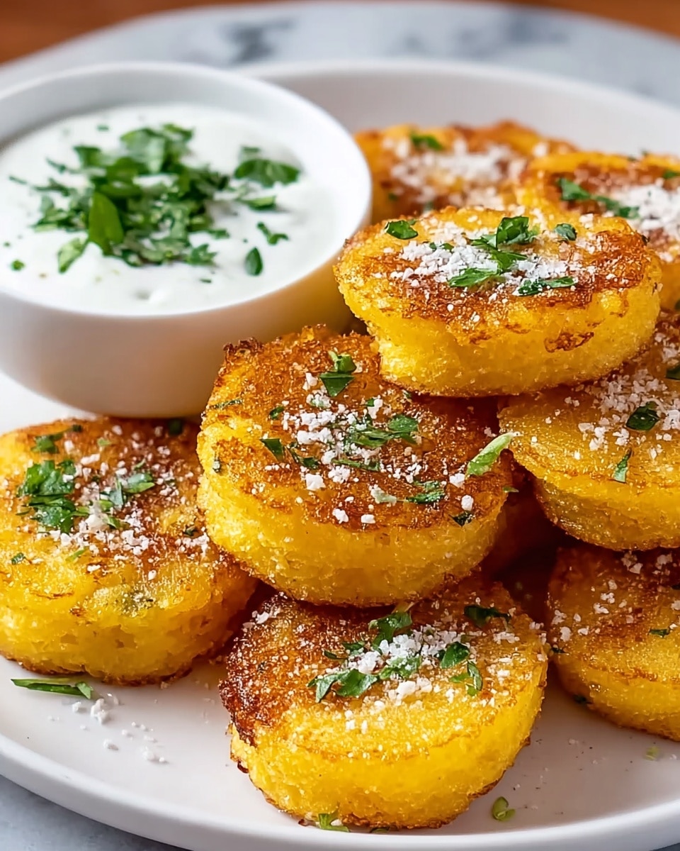 A white plate full of golden-brown, round fried polenta cakes stacked in layers, each with a crispy texture and small green parsley pieces sprinkled on top, along with a light dusting of grated white cheese. Off to the side, a white bowl holds a creamy white dipping sauce topped with fresh, chopped green herbs. The whole setting is placed on a white marbled surface. photo taken with an iphone --ar 4:5 --v 7