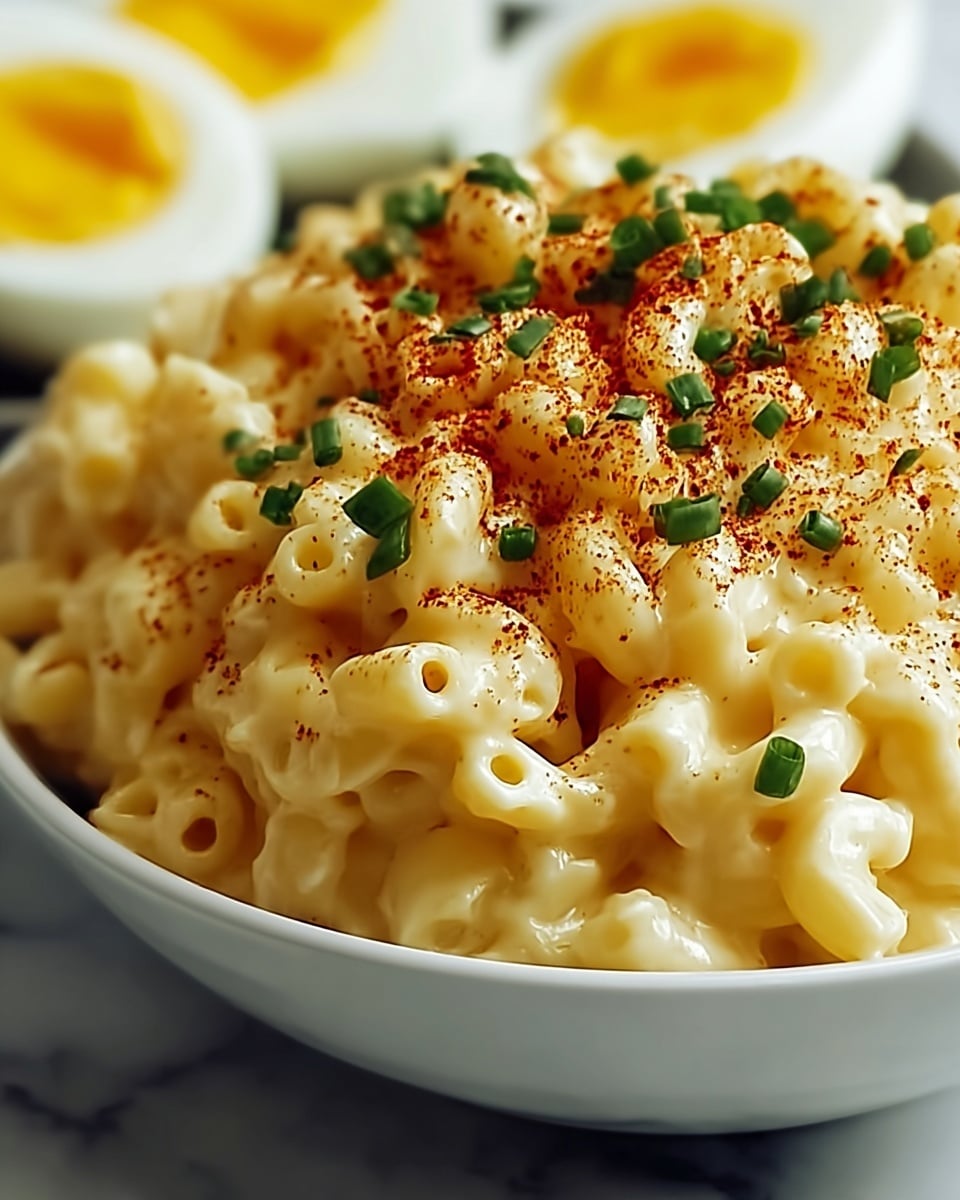 A close-up view of creamy macaroni and cheese served in a white bowl, showing one dense layer of short tubular pasta coated in smooth, golden-yellow cheese sauce. The top is sprinkled with bright green chopped chives and a dusting of reddish-brown paprika. In the blurred background, there are halves of hard-boiled eggs with yellow yolks and a bit of green garnish. The whole scene is set against a white marbled texture. photo taken with an iphone --ar 4:5 --v 7