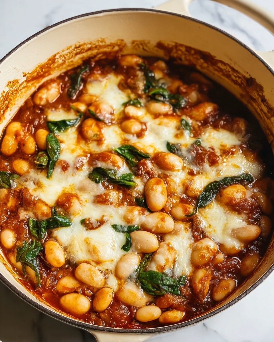 The image shows a white pot filled with a rich stew made of several layers. The base layer is thick brown sauce with visible bits of cooked tomatoes giving it a reddish tint. On top of the sauce are large, soft white beans that cover most of the dish. Scattered among the beans are bright green leafy pieces adding color and texture. The top layer has melted white cheese that is slightly browned and gooey, spreading unevenly over the beans and greens. The side of the pot has some sauce stains, indicating a hearty cooked meal. The pot is placed on a white marbled surface. Photo taken with an iphone --ar 4:5 --v 7