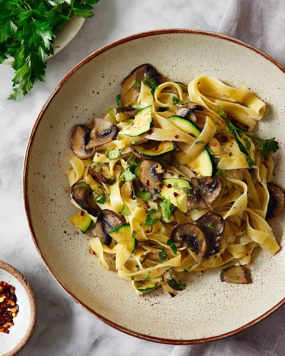 The image shows a plate of pasta with three main visible layers. The bottom layer is wide, flat, light yellow noodles, slightly glossy as if lightly coated with oil or butter, twisted and laid unevenly. On top of the pasta are sliced mushrooms, dark brown with a slightly shiny surface, and green zucchini pieces that are semi-circular and look lightly cooked with some charring. Scattered around are tiny red chili flakes and bits of herbs adding a speckled texture across the dish. A sprig of fresh green parsley lies on the left side, adding a fresh contrast. This food is served on a large round speckled beige ceramic plate with a smooth texture and a thin brown rim, all set against a white marbled background with a soft gray napkin in the upper part of the image and a white bowl partly visible on the right side. Photo taken with an iphone --ar 4:5 --v 7