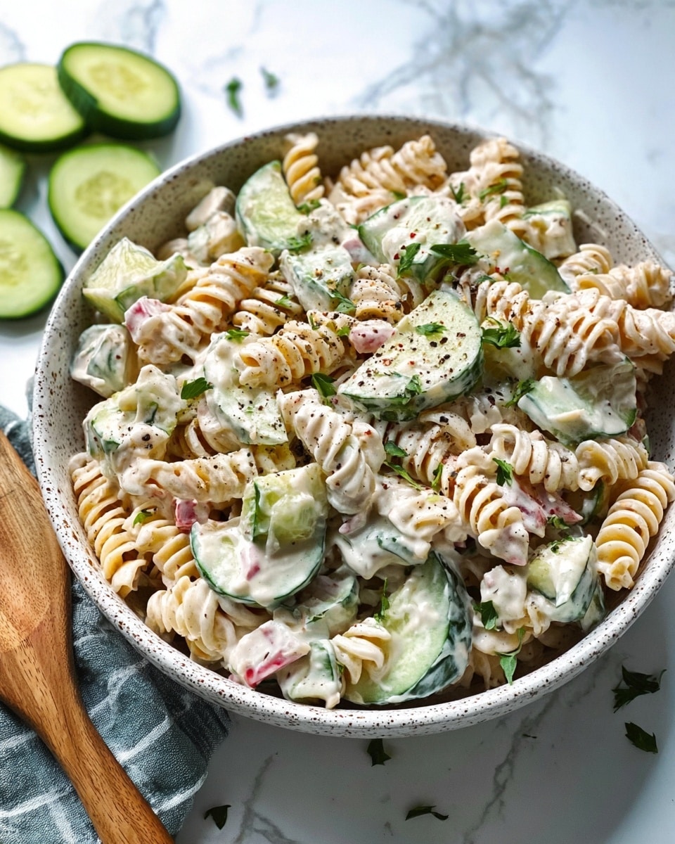 The image shows a white speckled bowl filled with a creamy pasta salad. The dish has three clear layers: twisted rotini pasta in a light beige shade forms the base, large pieces of cucumber with pale green color and darker green skins are scattered throughout, and a creamy white dressing coats everything evenly. Small bits of red, likely bell pepper, add tiny spots of color, while fresh green herbs sprinkle the top for a fresh look. Cracked black pepper is visible on the surface, giving a speckled dark contrast. The bowl is placed on a white marbled surface with slices of cucumber and a wooden spoon close by. photo taken with an iphone --ar 4:5 --v 7