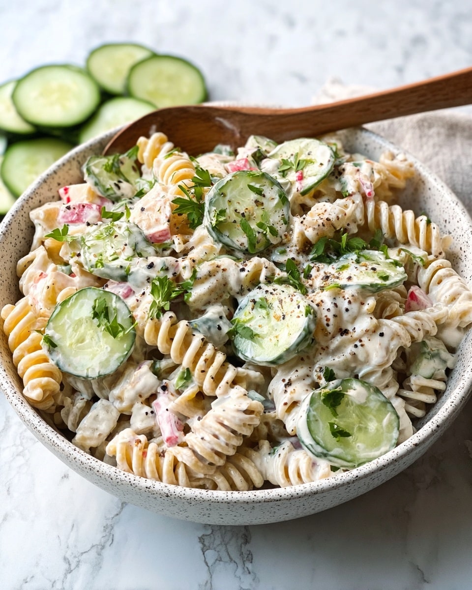 A white speckled bowl filled with creamy pasta salad sits on a white marbled surface, surrounded by cucumber slices and a wooden spoon. The salad has three main layers: the base layer of short spiral pasta is light beige, mixed with diced red bell pepper pieces; the second layer is thick, white creamy dressing coating the pasta and vegetables; the top layer includes thinly sliced cucumber pieces and fresh green parsley leaves sprinkled all over. Small black pepper flakes are sprinkled on top, adding contrast to the creamy mix. photo taken with an iphone --ar 4:5 --v 7