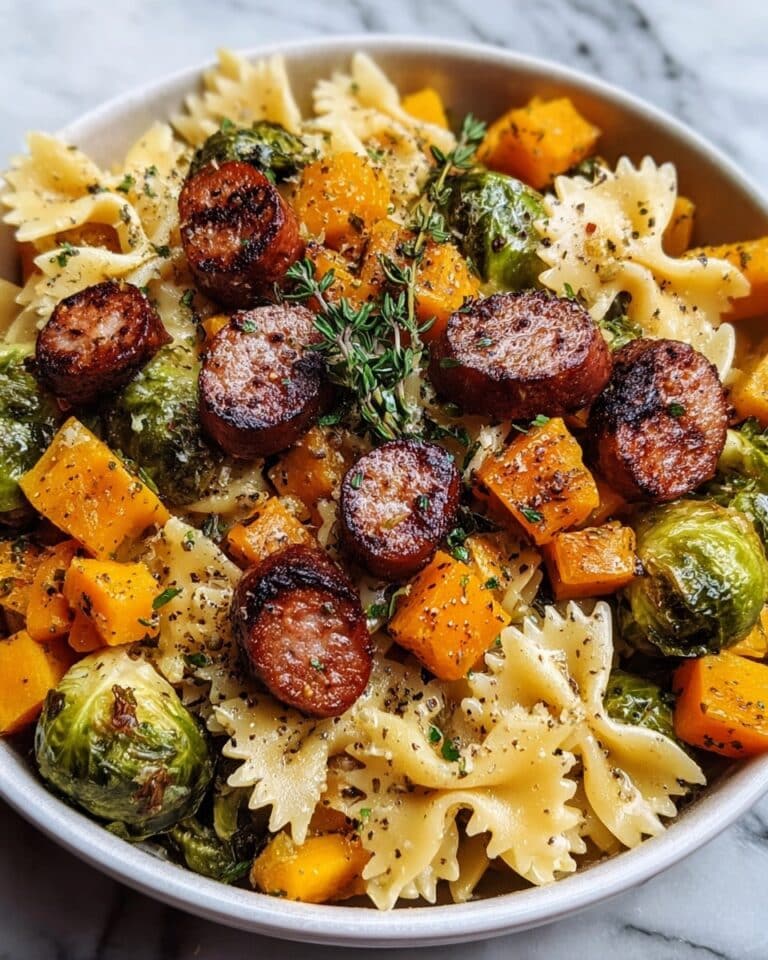 Autumn Sausage Pasta with Roasted Butternut Squash and Brussels Sprouts Recipe