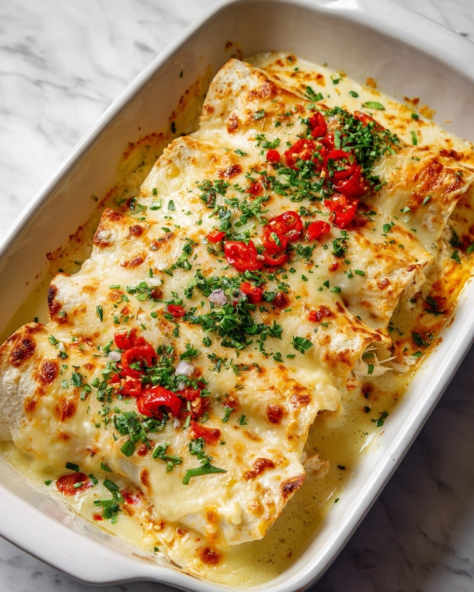 A white rectangular dish holds three stuffed enchiladas covered in a thick, creamy, light yellow sauce with red chili flakes visible. The enchiladas are topped with melted cheese that is golden brown in spots, and scattered finely chopped green herbs and small bright red tomato pieces. The enchiladas themselves are slightly browned at the edges, showing a soft tortilla texture. The creamy sauce slightly pools around the edges, with shredded chicken and small red pieces visible inside the tortilla near the front. The dish sits on a surface with a white marbled texture. Photo taken with an iphone --ar 4:5 --v 7
