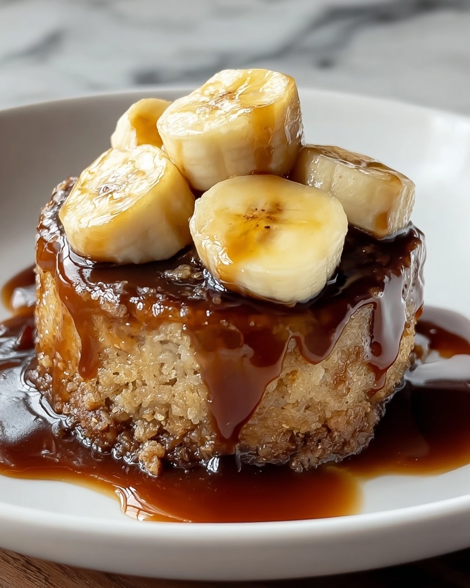 A dessert with one thick, crumbly light brown cake layer at the bottom sitting on a white plate, topped by a shiny, dark caramel sauce that drips over the sides and pools around the base. On top, there are four slices of banana with a glossy, syrupy coating, showing soft yellow insides with light brown centers. The background has a smooth white marbled texture. Photo taken with an iphone --ar 4:5 --v 7