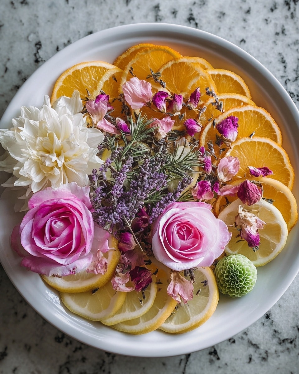 A white plate holds a vibrant arrangement starting with two curved layers of thin orange slices at the top and lemon slices at the bottom, both bright and fresh. On top of these fruit layers, there are scattered pink, white, and purple flower petals along with small dried rosebuds. In the middle, there is a cluster of mixed greenery and small purple lavender stems. A large soft white flower sits on the left side near the lemon slices and a pink rose is placed on the right side near the orange slices. A few small green rounded flowers add pops of color throughout. The whole plate is set on a white marbled texture. photo taken with an iphone --ar 4:5 --v 7