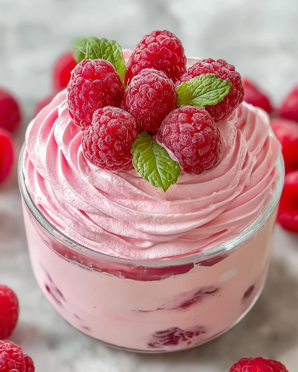 The image shows a dessert in a clear round glass cup with three main layers. The bottom layer is a smooth light pink mousse with whole raspberries inside pressed against the glass. The middle layer is a thick swirl of bright pink whipped cream, puffed and textured with visible air pockets and curves. On top are fresh red raspberries that look juicy and slightly frosted, arranged neatly in the center, along with a small sprig of fresh green mint leaves for decoration. The dessert sits on a white marbled surface. Photo taken with an iphone --ar 4:5 --v 7