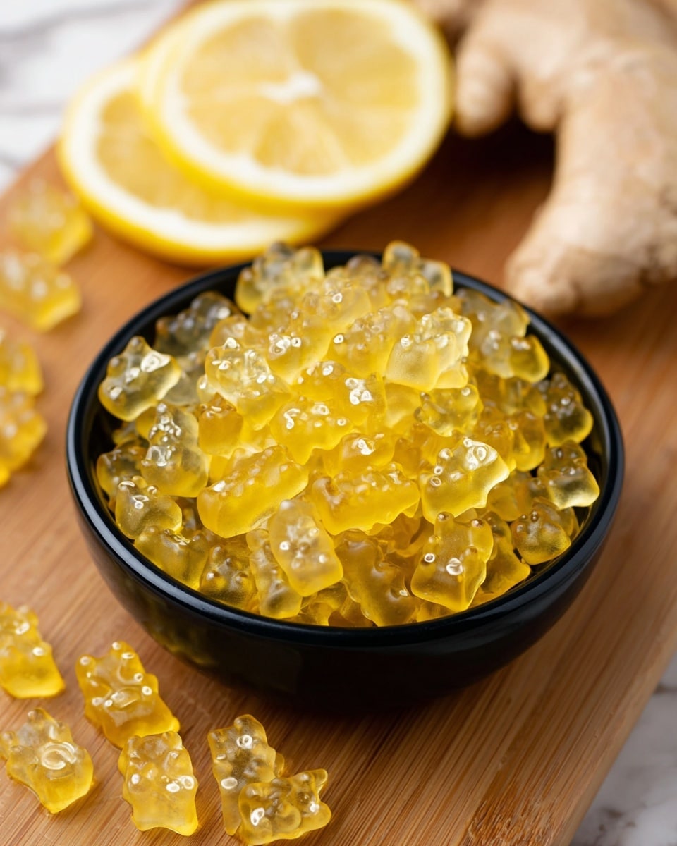 A black bowl filled to the brim with small, translucent pale yellow gummy bears that have a shiny, smooth texture, sitting on a wooden board. In the slightly blurred background, there are pieces of fresh ginger and a half lemon visible. The overall scene is set on a white marbled textured surface. photo taken with an iphone --ar 4:5 --v 7