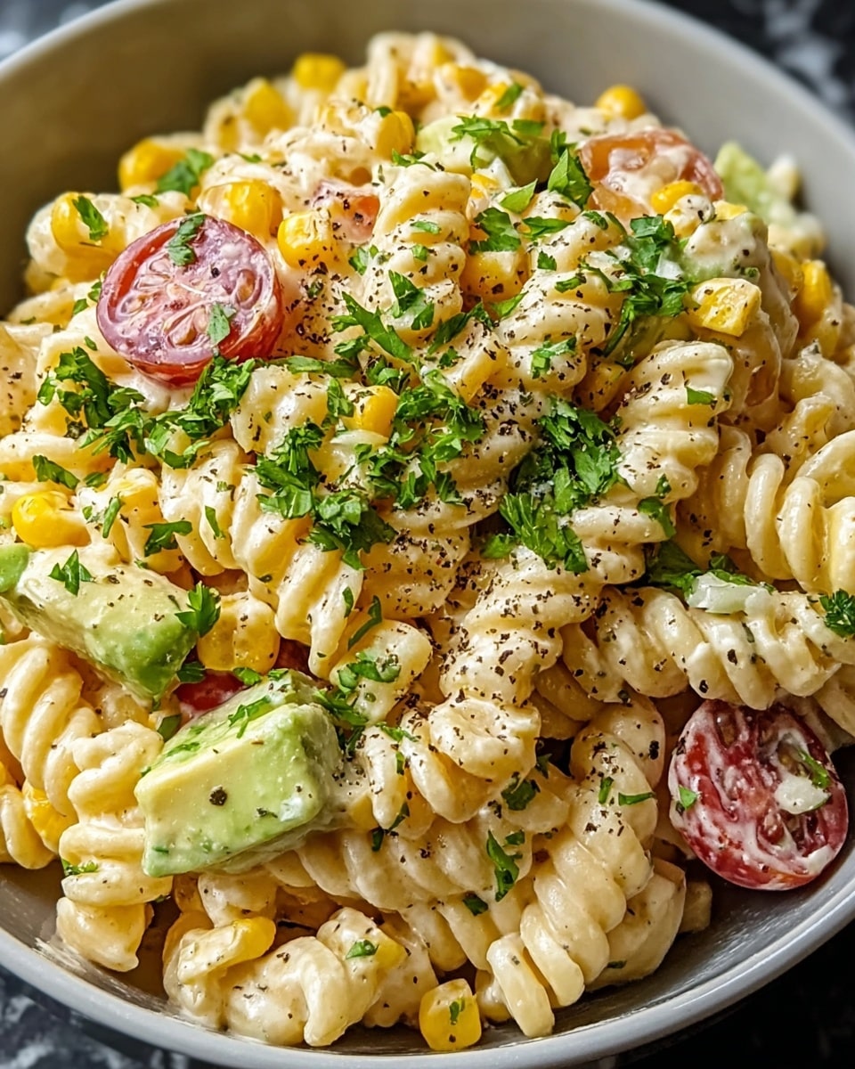 A close-up of creamy pasta salad served in a white bowl showing three main layers: the pale yellow, spiral-shaped pasta coated with a smooth, rich sauce forms the base, mixed evenly with bright yellow corn kernels; scattered chunks of light green avocado add texture and color contrast; halved small red grape tomatoes bring a pop of reddish-pink, while chopped fresh green herbs like parsley are sprinkled on top, along with a light sprinkle of coarse black pepper for added detail. The background is a white marbled texture. photo taken with an iphone --ar 4:5 --v 7