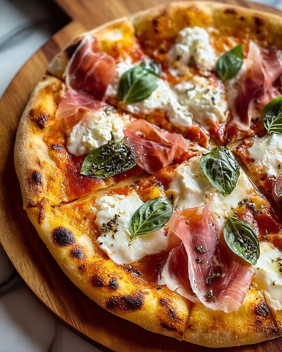 A close-up view of a round pizza on a wooden board, showing four main layers: a light golden-brown crust with slightly charred, bubbly edges; a thin layer of red tomato sauce under the toppings; uneven dollops of white, soft cheese scattered across the pizza; thin slices of pink prosciutto placed loosely on top; and several fresh green basil leaves scattered to add contrast. The cheese has a creamy texture with some specks of black pepper and herbs sprinkled over everything. The pizza sits on a white marbled surface in the background. photo taken with an iphone --ar 4:5 --v 7
