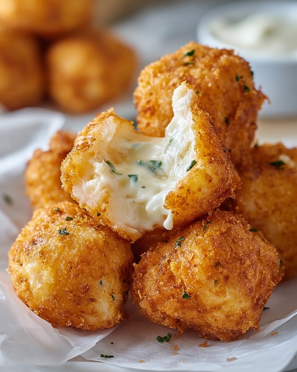 The image shows several golden brown fried cheese balls stacked on white parchment paper. The cheese balls have a rough, crispy outer layer with a crunchy texture and irregular shapes. The top cheese ball is partially bitten, revealing a smooth, creamy white cheese layer inside, with small green herb bits mixed in. The soft, melting inner cheese contrasts with the thick, crunchy fried coating. The background is blurred but shows more cheese balls and a small white sauce container. The whole scene sits on a white marbled surface. photo taken with an iphone --ar 4:5 --v 7