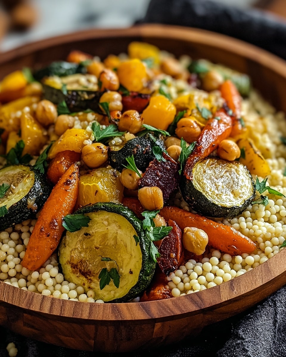 A close-up view of a wooden bowl filled with a colorful mix of roasted vegetables and couscous. The bottom layer is made of small, round white couscous grains, scattered throughout. On top, there are chunks of orange roasted carrot, dark green and yellow roasted zucchini slices with browned edges, and beige chickpeas. The roasted vegetable pieces have a shiny, slightly crispy texture with some blackened spots. Fresh green parsley leaves are sprinkled over the dish, adding a touch of bright color. The bowl sits on a dark cloth, with a white marbled texture surface in the blurred background. photo taken with an iphone --ar 4:5 --v 7