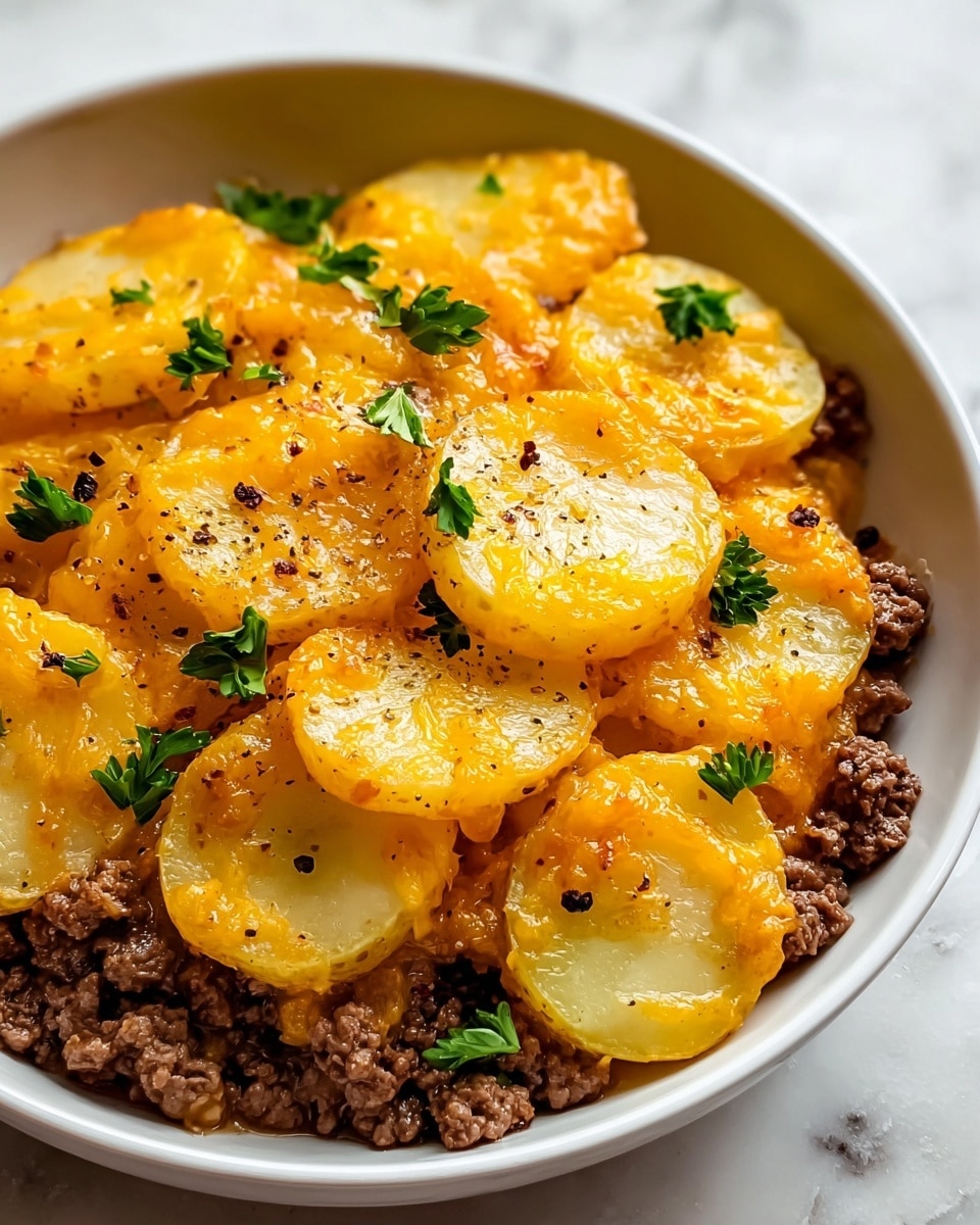 The dish is served in a white round bowl, showing three main layers visible from the top. The bottom layer is cooked ground beef, brown and crumbly, spread evenly across the base. The middle layer is melted cheddar cheese, bright orange with a smooth and slightly oily texture peeking through between the meat and potatoes. The top layer consists of thin, golden yellow potato slices arranged close together, lightly browned around the edges, and sprinkled with small green parsley leaves and a few black pepper specks for garnish. The bowl sits on a white marbled surface. photo taken with an iphone --ar 4:5 --v 7