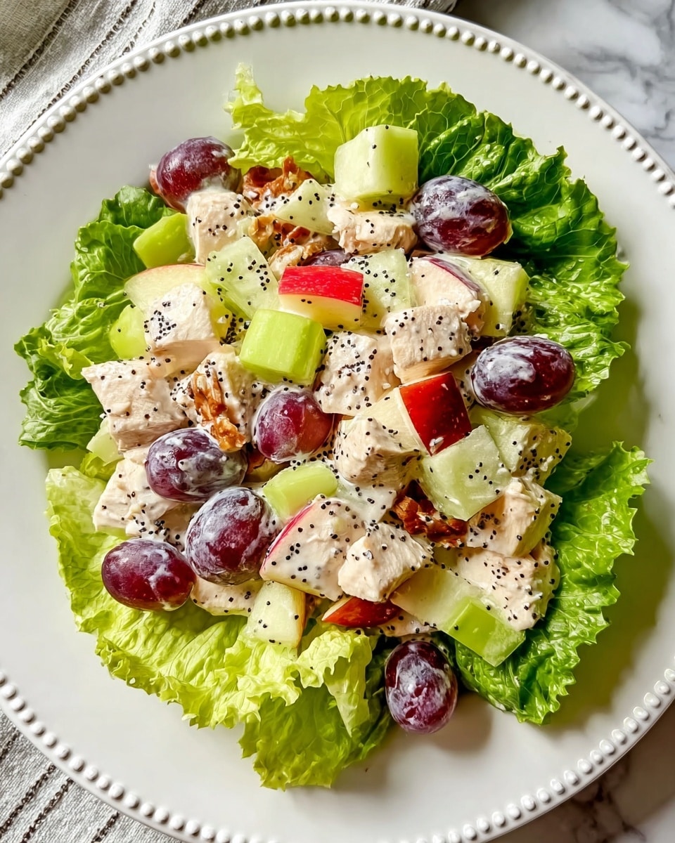 This dish is a colorful salad served on a white plate with a dotted rim, placed on a white marbled texture. The salad has a green leafy lettuce base with ruffled edges forming the bottom layer. On top, there are chunks of creamy white chicken mixed with light green celery pieces, red and green apple chunks, and deep purple grapes. The salad is coated in a creamy dressing sprinkled with small black poppy seeds, adding texture and contrast to the colors. The ingredients are mixed together, evenly spread in one thick layer, showing fresh and vibrant textures. photo taken with an iphone --ar 4:5 --v 7