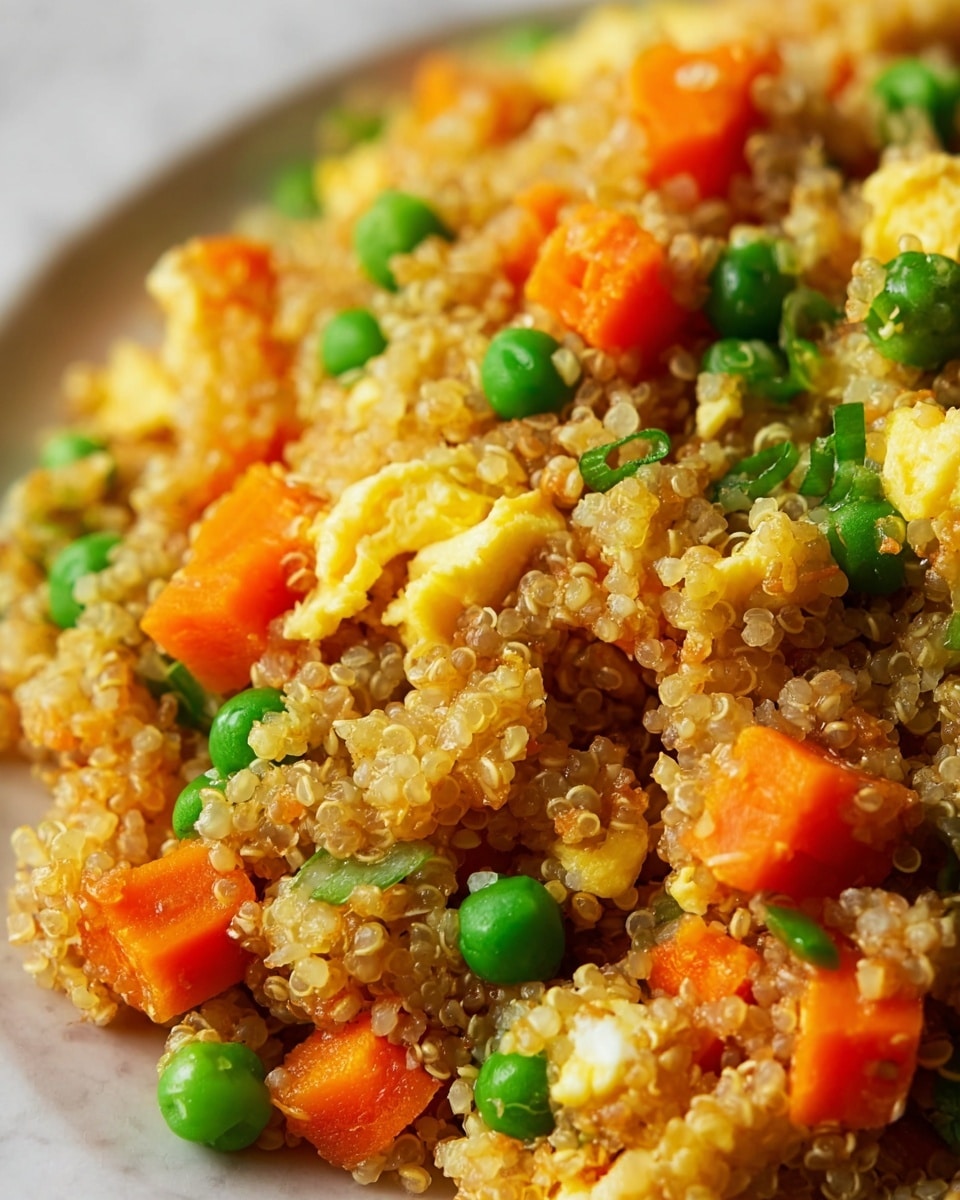 This close-up image shows a dish with four main layers mixed together: a base of fluffy, light brown quinoa with a slightly translucent texture; bright orange carrot cubes scattered throughout; small, round green peas adding fresh color; and soft, yellow scrambled eggs in small chunks. The ingredients are evenly mixed, highlighting the different textures of crunchy vegetables and tender eggs against the quinoa's grainy surface. The photo is set against a white marbled background, showing the details in vivid colors and textures. photo taken with an iphone --ar 4:5 --v 7