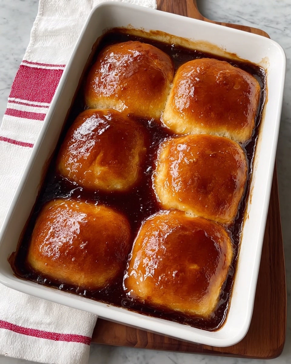 A white rectangular baking dish holds six golden brown biscuit-like pastries, each sitting in a dark, glossy sauce that fills the bottom and edges of the dish. The pastries are puffy with a shiny, slightly cracked surface showing layers of soft, baked dough. The dish is placed on a white marbled surface with a folded white towel that has red stripes on the side. photo taken with an iphone --ar 4:5 --v 7