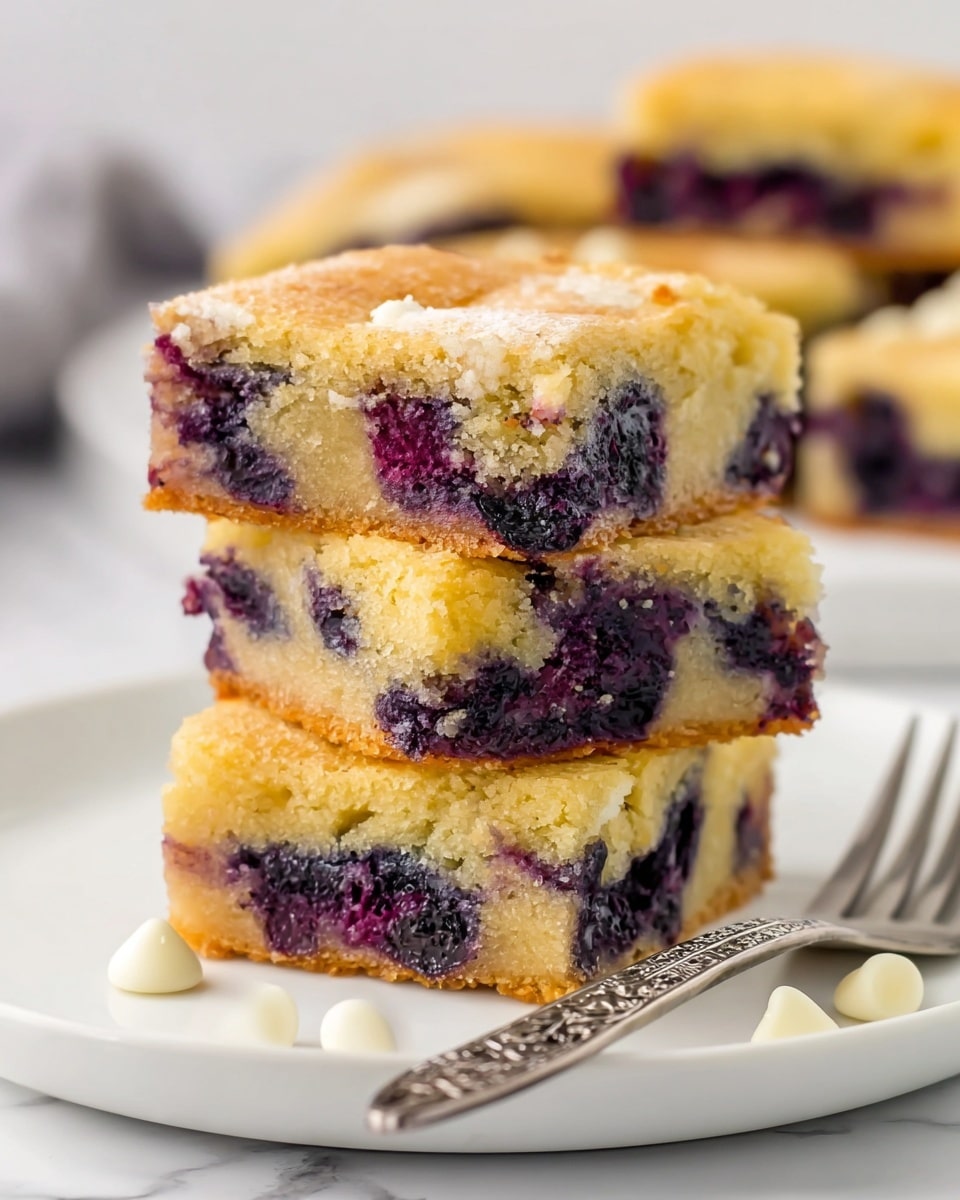 Three square pieces of blueberry blondies are stacked on a white plate, each piece showing a golden brown, slightly crispy top layer with a soft, moist middle layer dotted with deep purple blueberries, and a light yellow crumbly bottom layer. The blueberries are spread within the blondies, creating dark purple spots contrasting against the pale yellow batter. The plate is on a white marbled background, with a silver fork with intricate designs lying beside the stack, and a few white chocolate chips scattered near the plate. In the blurred background, more blueberry blondies sit on a white plate. Photo taken with an iphone --ar 4:5 --v 7