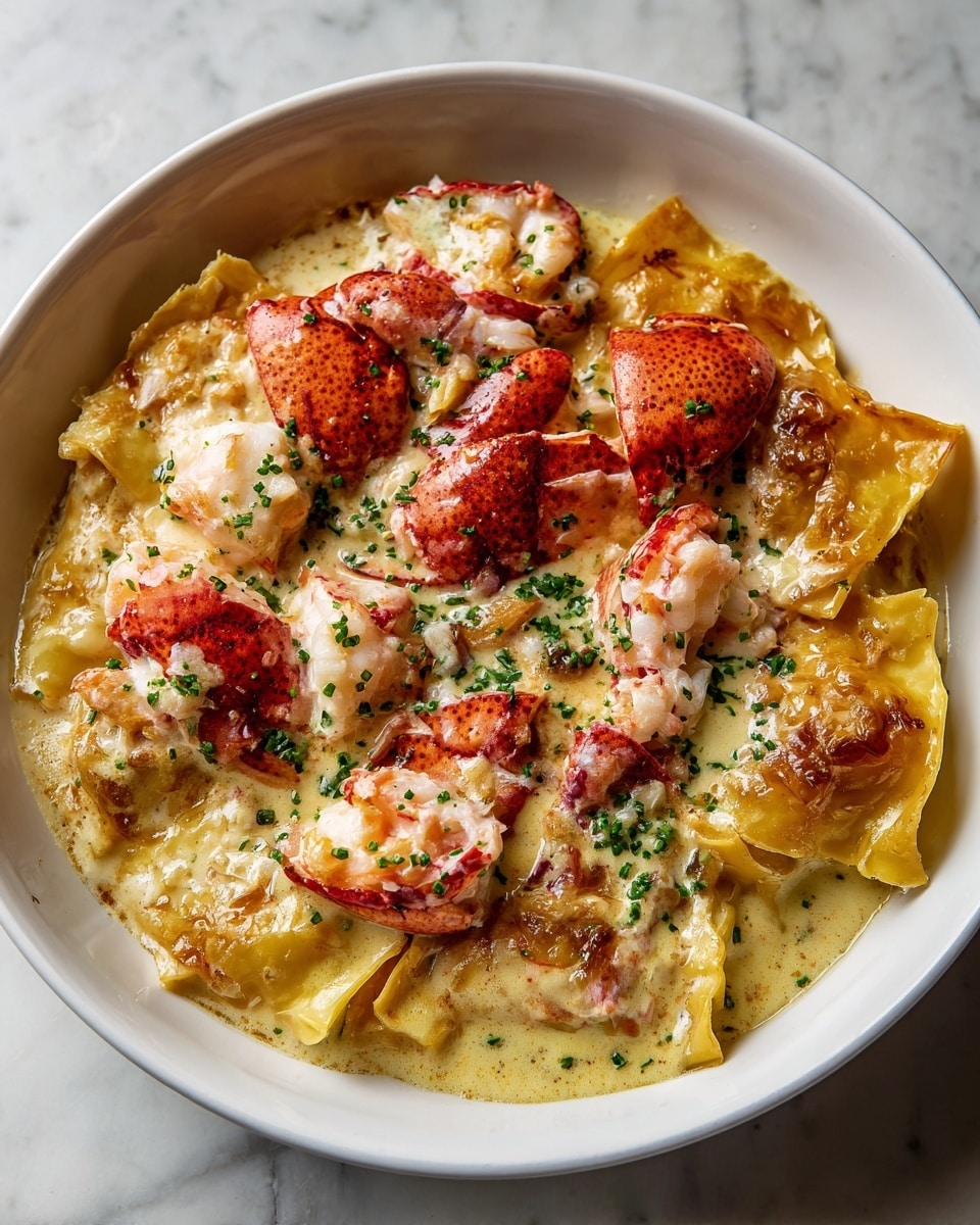 A white bowl holds a rich creamy dish with several layers. The bottom layer is a golden, flaky pastry with folded edges, soft and slightly puffed. On top are large bright red lobster claws and chunks of white lobster meat, partially covered with a thick, pale yellow sauce. The sauce looks smooth and creamy with small bits, possibly of seasoning or herbs, scattered throughout. The dish is finished with a sprinkle of finely chopped green herbs over the top. The bowl sits on a white marbled background. photo taken with an iphone --ar 4:5 --v 7