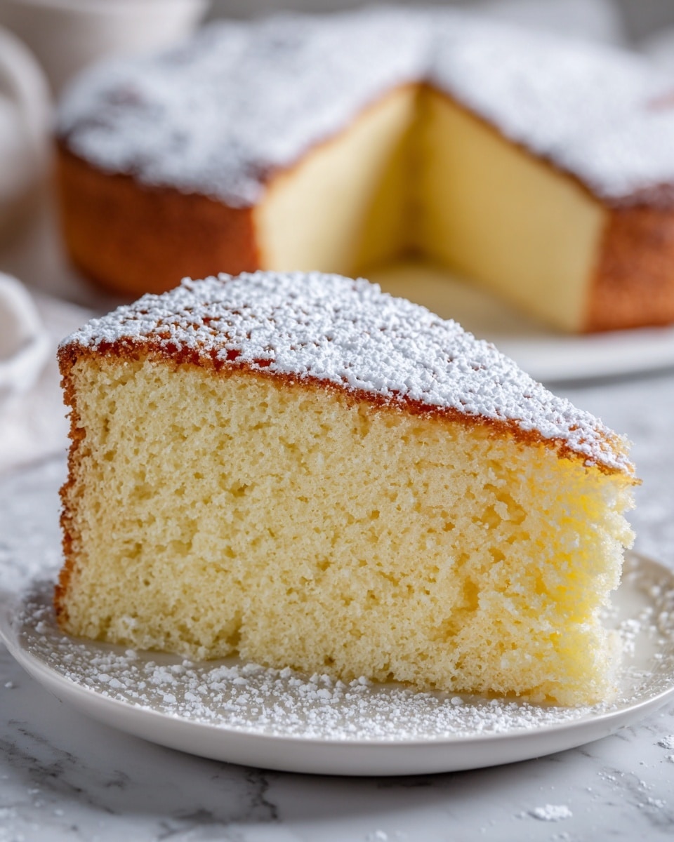 A close-up of a slice of light yellow cake with a soft, airy texture, showing a slightly golden brown crust on the side and bottom edges; the top layer is dusted with a fine white powdered sugar, creating a delicate, snowy effect; the slice is held above a whole round cake of the same type, sitting on a white plate, all placed on a white marbled surface. photo taken with an iphone --ar 4:5 --v 7