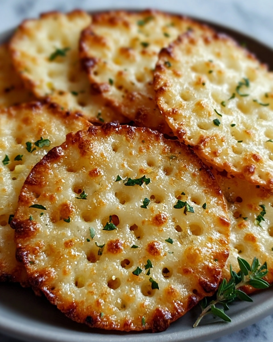 A close-up image shows several round crackers stacked and overlapping on a white plate, each cracker is crispy and golden-brown on the edges with a bubbly, melted cheese layer covering the top, dotted with small holes and sprinkled with fresh green herbs. The cheese has a slightly browned, bubbly texture creating a crunchy surface with glistening spots of melted butter or oil. The background is a white marbled texture visible softly behind the plate. photo taken with an iphone --ar 4:5 --v 7