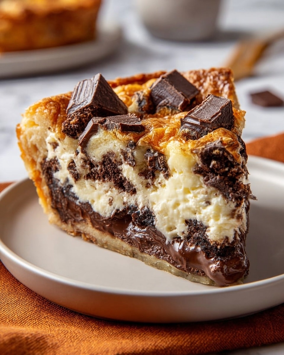 A thick slice of dessert with a golden-brown flaky crust on the outside, filled with multiple layers inside; the bottom layer is a rich, melted dark chocolate, above it is a creamy white custard layer, followed by more dark chocolate chunks mixed with the flaky pastry bits, topped with large dark chocolate chunks embedded into the golden crust. The slice sits on a white plate, on a white marbled surface, with a soft orange cloth partially visible underneath the plate. photo taken with an iphone --ar 4:5 --v 7