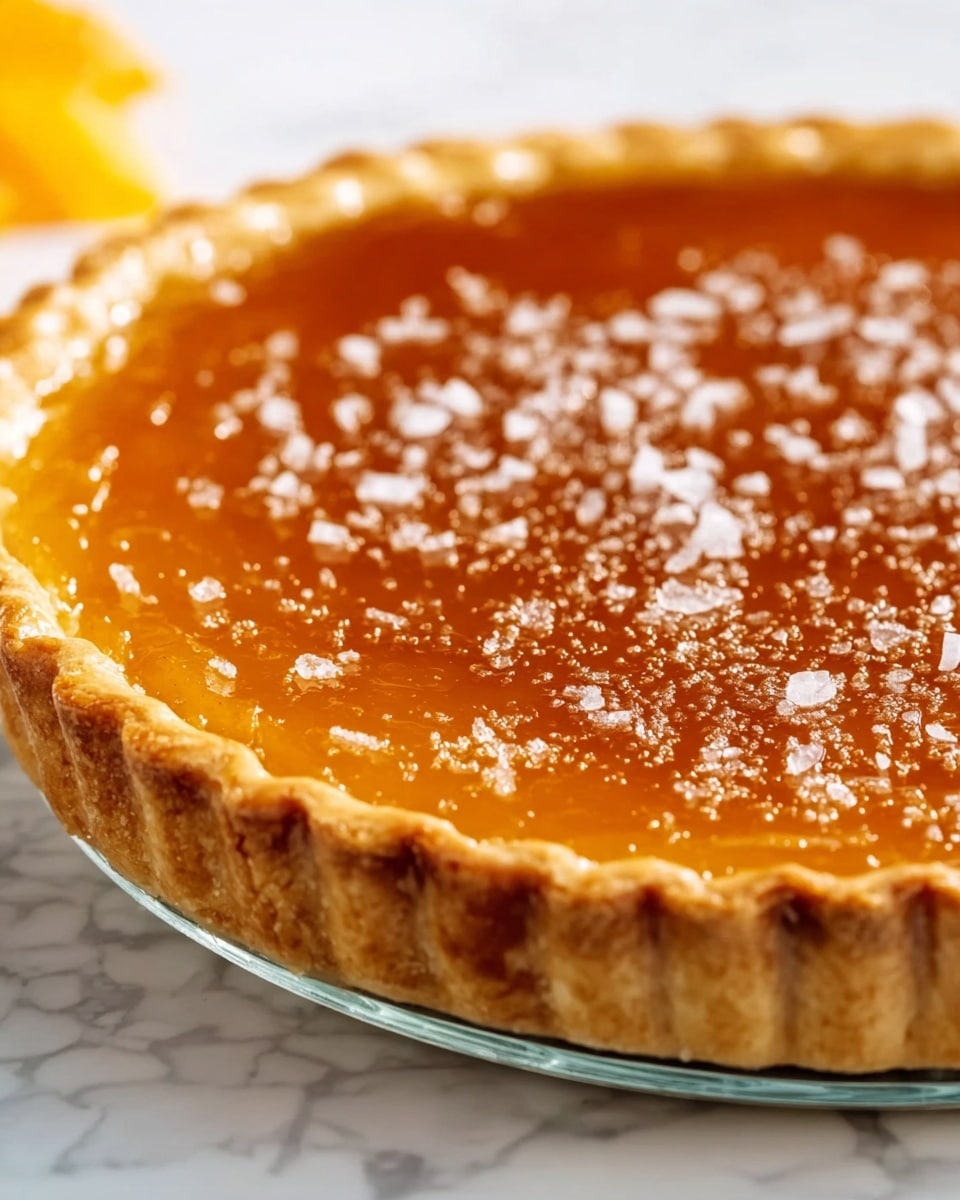 A close-up view of a single-layer tart with a golden-brown crust that is thick and crimped along the edges, holding a smooth, glossy amber-colored filling that looks shiny and slightly translucent. The top of the filling is sprinkled with flaky sea salt, adding texture and a bit of sparkle. The tart is placed on a clear pie dish set on a white marbled surface, with a soft, blurred background featuring hints of light yellow colors. Photo taken with an iphone --ar 4:5 --v 7