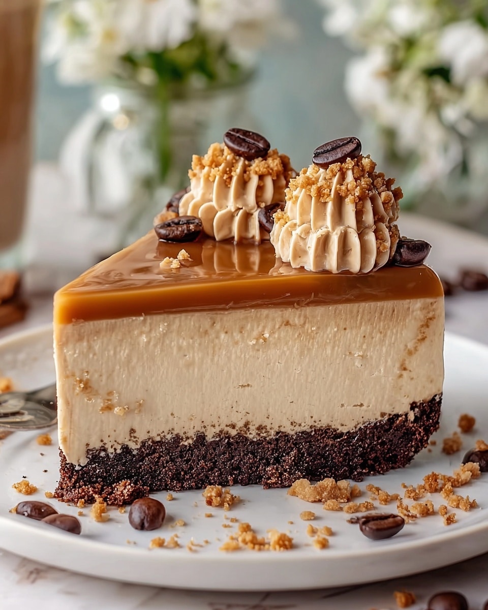 A slice of creamy coffee mousse cake sits on a white plate with a white marbled texture underneath. The cake has three distinct layers: the bottom layer is dark brown, crumbly and dense, resembling a chocolate crust; the middle layer is thick, smooth, and light beige, showing a soft mousse texture; the top layer is a shiny caramel-colored glaze. On top, there are three dollops of light brown whipped cream, each sprinkled with small crunchy brown crumbs and decorated with dark brown whole coffee beans. Some crumbs and coffee beans are scattered around the plate. The background shows blurred white flowers in a glass jar and light objects. Photo taken with an iphone --ar 4:5 --v 7