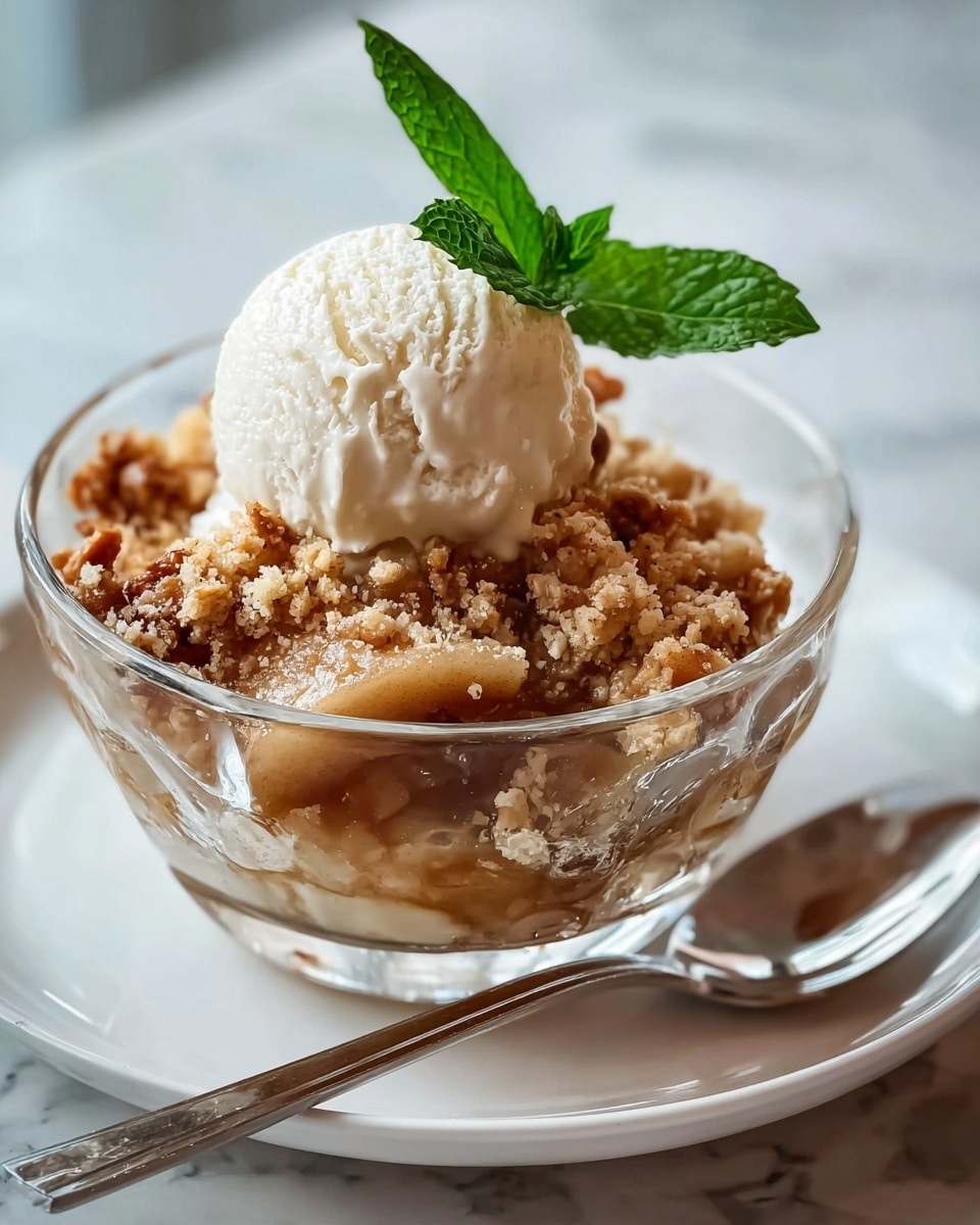 A clear glass bowl holds a dessert with three visible layers: the bottom layer consists of soft, cooked apple slices with a light brown, syrupy texture; the middle layer is a crumbly, golden-brown streusel topping mixed with small pieces of nuts; the top layer features a round scoop of creamy white vanilla ice cream with a slightly melting texture, crowned by a fresh green mint leaf. The bowl is placed on a white plate set on a white marbled surface, with a silver spoon resting nearby. Photo taken with an iphone --ar 4:5 --v 7