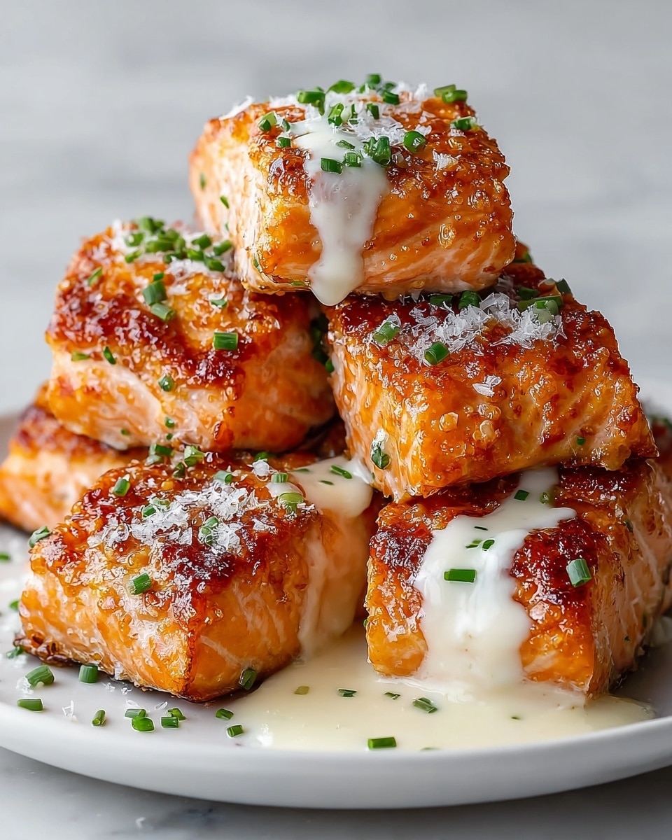 The image shows a stack of six crispy cooked salmon pieces on a white plate placed on a white marbled surface. Each piece has a golden-brown, crunchy texture on the outside with visible grill marks and is topped with small green chopped chives. Two pieces in the front have cream sauce drizzled over them, adding a smooth, white layer that slightly pools on the plate. There are also fine white flakes sprinkled on top, giving a light dusting effect that enhances the rich colors. The salmon pieces are stacked unevenly, with some pieces resting on top of others, showing a mix of shiny and textured surfaces from the cooked fish layers. photo taken with an iphone --ar 4:5 --v 7