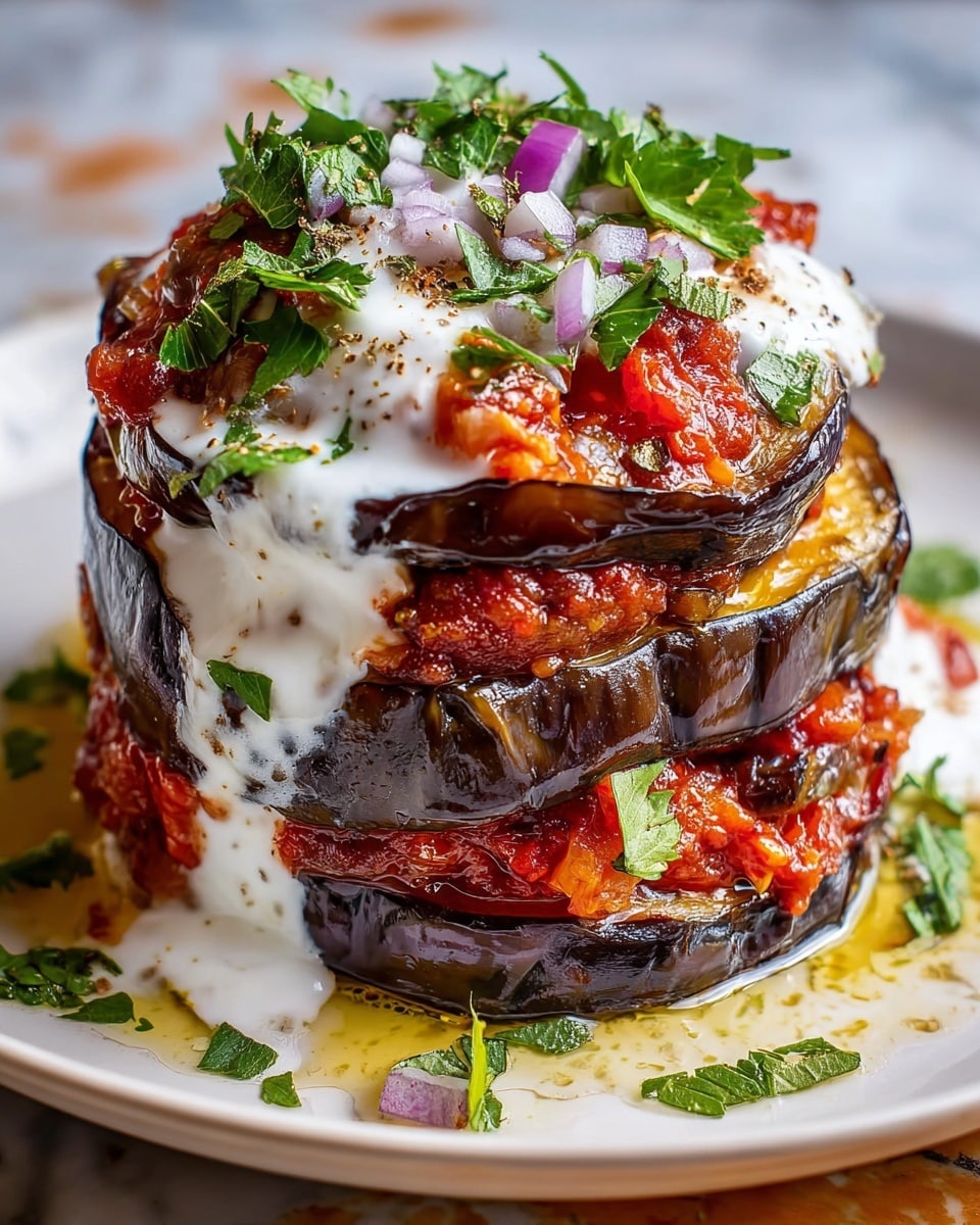 This image shows a stack of three thick slices of cooked eggplant with a dark purple outer skin and soft golden-brown inside, each layer topped with chunky red tomato sauce. On the top slice, there is a layer of white creamy sauce that drips slightly over the side. Small pieces of chopped purple onion and fresh green herbs are scattered on top of the creamy sauce and tomato layers, giving a fresh look. The stack sits on a white plate with some drips of sauce and oil around the base, all set on a white marbled textured surface. Photo taken with an iphone --ar 4:5 --v 7