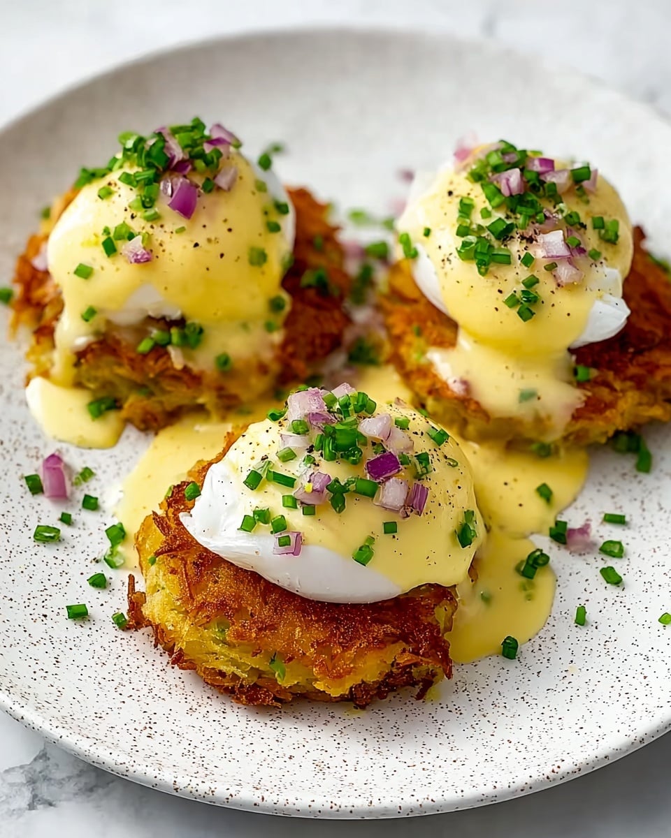 Three crispy golden-brown hash brown patties lie on a white plate with a white marbled texture background. Each patty is topped with a smooth white poached egg that has soft, slightly runny yolks under creamy pale yellow hollandaise sauce dripping down the sides. Small pieces of finely chopped purple onion and bright green chives are scattered on top and around the plate, with a light sprinkle of black pepper adding contrast. The layers show a crunchy textured base, a soft egg in the middle, and glossy sauce on top. photo taken with an iphone --ar 4:5 --v 7