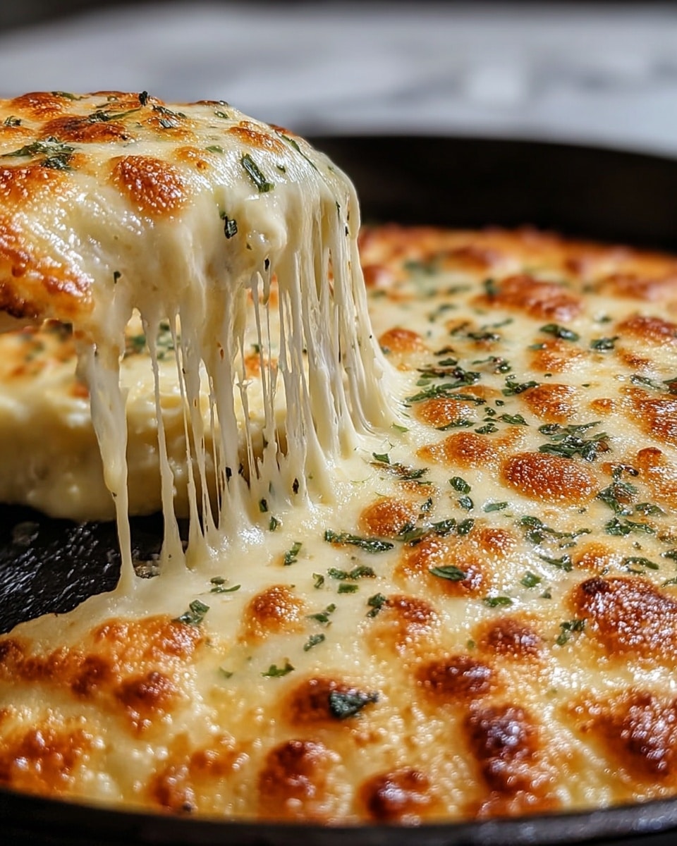 A close-up view of a cheesy dish being served from a black pan, showing a slice lifted with melted cheese stretching in strings. The top layer is golden brown and bubbly cheese with small browned spots and sprinkled green herbs. Beneath, the melted cheese looks soft and gooey with a slightly creamy texture. The background is out of focus and the dish is set against a white marbled texture. Photo taken with an iphone --ar 4:5 --v 7