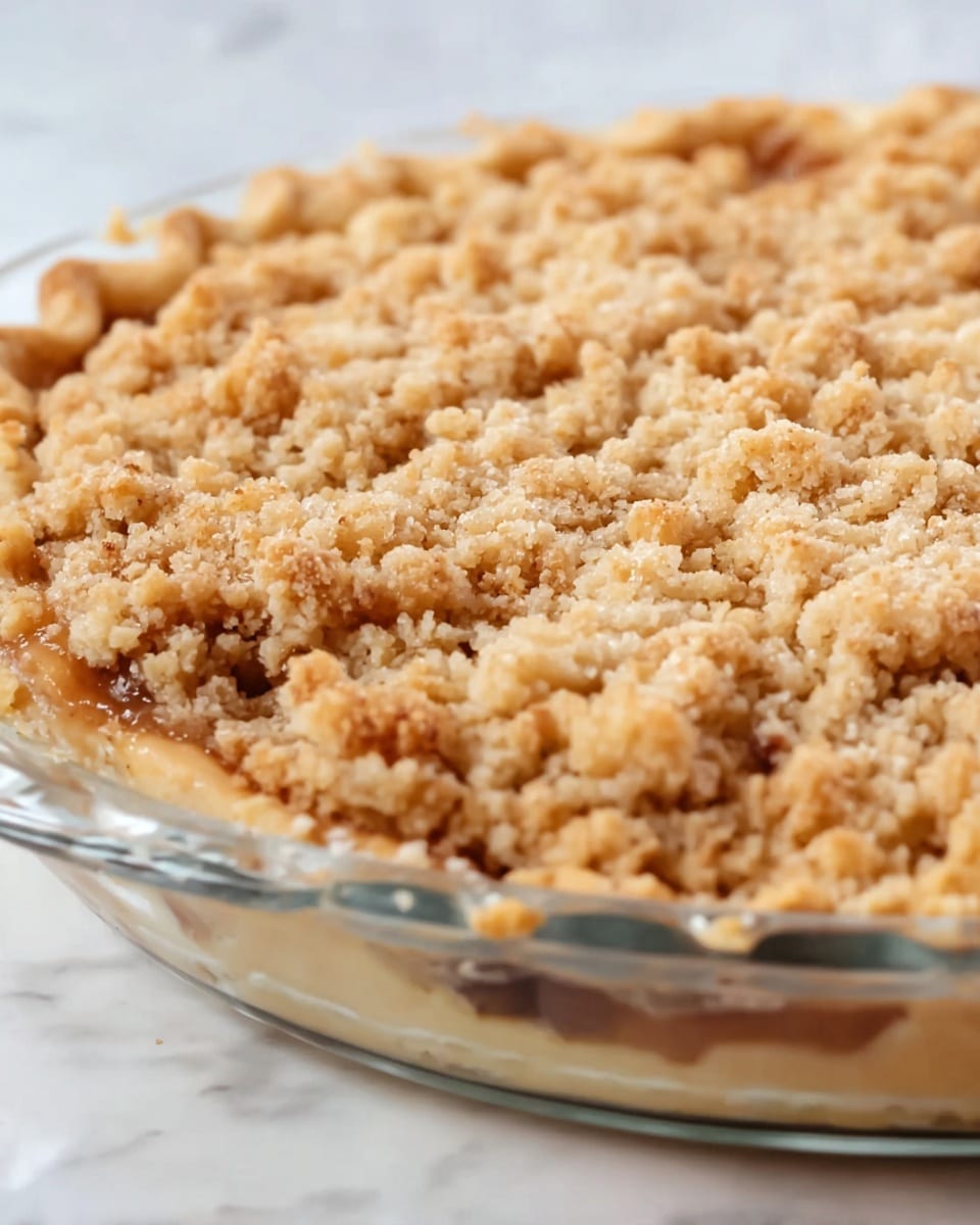 A close-up view of a pie in a clear glass dish, showing three visible layers: the bottom layer is a light golden brown crust with a slightly crumbly texture, the middle layer is a darker filling that appears soft and moist, and the top layer is a thick, golden crumb topping with small, uneven chunks giving it a rough texture. The pie dish is placed on a white marbled surface. photo taken with an iphone --ar 4:5 --v 7