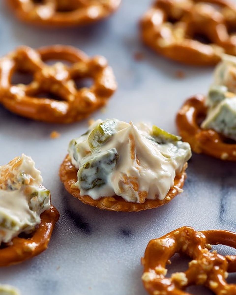 A close-up image of small pretzel crackers topped with a creamy mixture containing visible chopped green pickles and light orange bits, each cracker showing a single dollop perfectly placed in the middle. The pretzels have a shiny, golden-brown color with a textured, bumpy surface, and the creamy topping is smooth and glossy with a soft white color mixed with the chunky bits. The crackers are arranged on a white marbled surface, with one cracker in sharp focus at the center, showing the details of the topping and pretzel clearly, while other crackers fade gently into the blurry background. photo taken with an iphone --ar 4:5 --v 7