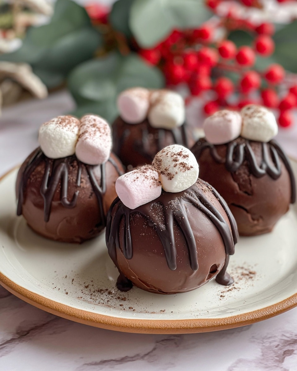 The image shows four round chocolate spheres, each covered with a drizzle of dark chocolate sauce that runs down their smooth surface. On top of each sphere are small marshmallows in white and light pink colors, some sprinkled with a bit of cocoa powder. The spheres are placed closely together on a white plate with a light brown rim. The background has a soft focus with green leaves and bright red berries, all set on a white marbled surface. photo taken with an iphone --ar 4:5 --v 7