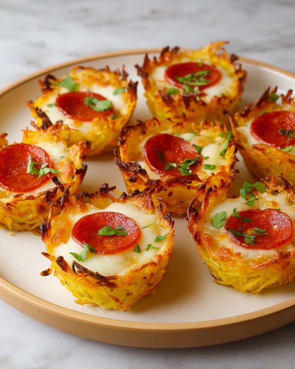 Seven mini pizza cups are arranged on a large white plate with a light beige rim, set on a white marbled surface. Each cup has a crispy golden yellow outer layer of shredded potato, forming a bowl shape with slightly burnt edges. Inside the cups, there is a smooth layer of melted white cheese topped with small round slices of bright red pepperoni. Fresh green parsley pieces are sprinkled lightly over the tops, adding a touch of color. The texture of the potato crust looks crunchy while the cheese appears gooey, creating a contrast in each bite. photo taken with an iphone --ar 4:5 --v 7