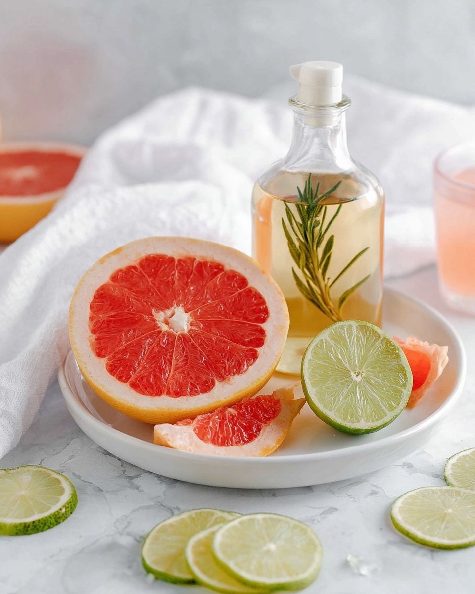 A white plate holds a halved pink grapefruit with bright red flesh and light yellow peel in the front left, a partly sliced lime with light green skin and pale green inner fruit to the right, and a small wedge of grapefruit placed in front of the lime. Behind the fruit, there is a clear glass bottle filled with light amber liquid and a green rosemary branch inside, capped with a white stopper. The plate sits on a white marbled surface, scattered around with thin lime and grapefruit slices, and a glass of pink grapefruit drink partially in view in the background. A white cloth is softly draped in the background. photo taken with an iphone --ar 4:5 --v 7