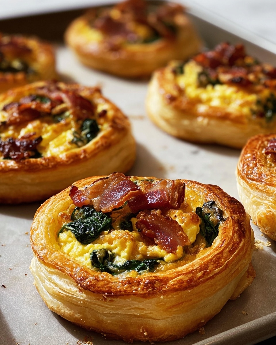 The image shows several round puff pastries in a baking tray resting on a white marbled surface. Each pastry has multiple flaky layers of golden brown crust forming a thick outer ring. Inside this ring, the filling is clearly visible with several layers: a base of scrambled eggs in bright yellow, topped with dark green spinach leaves and pieces of crispy bacon in reddish-brown. The textures contrast between the crunchy outer crust and the soft, moist filling. The pastries show a slight shine from baking, highlighting their flaky nature. Photo taken with an iphone --ar 4:5 --v 7