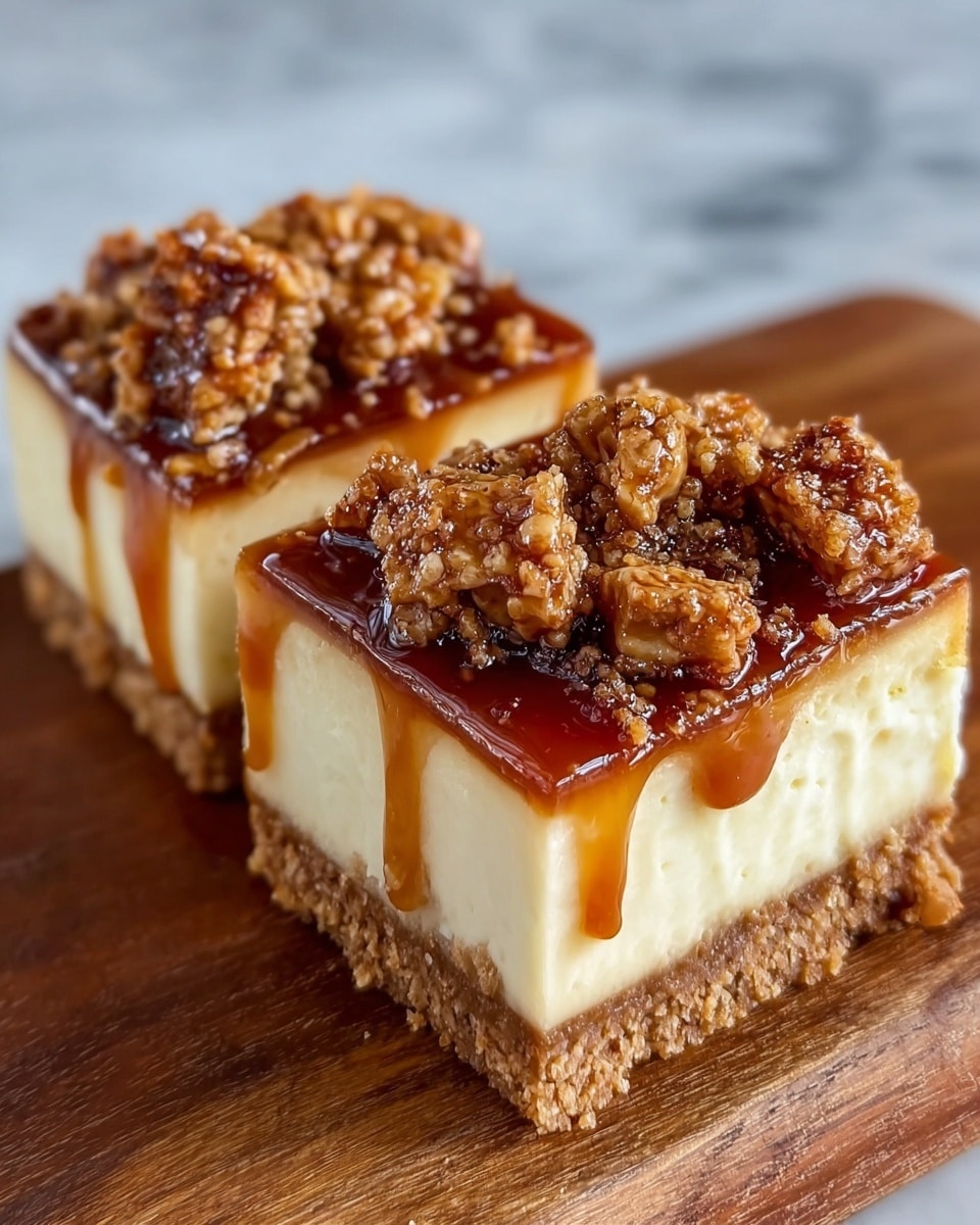 Two square dessert bars with four visible layers sit on a wooden surface set against a white marbled texture. The bottom layer is a crumbly, brown crust, dense and compact. Above it is a thick, smooth white cream layer, followed by a thinner, golden caramel or fruit layer with a slightly uneven texture. The top is covered with dark, glossy caramel sauce dripping down the sides, and sprinkled with chunky, crumbly pieces of brown streusel or cookie crumbs. Photo taken with an iphone --ar 4:5 --v 7