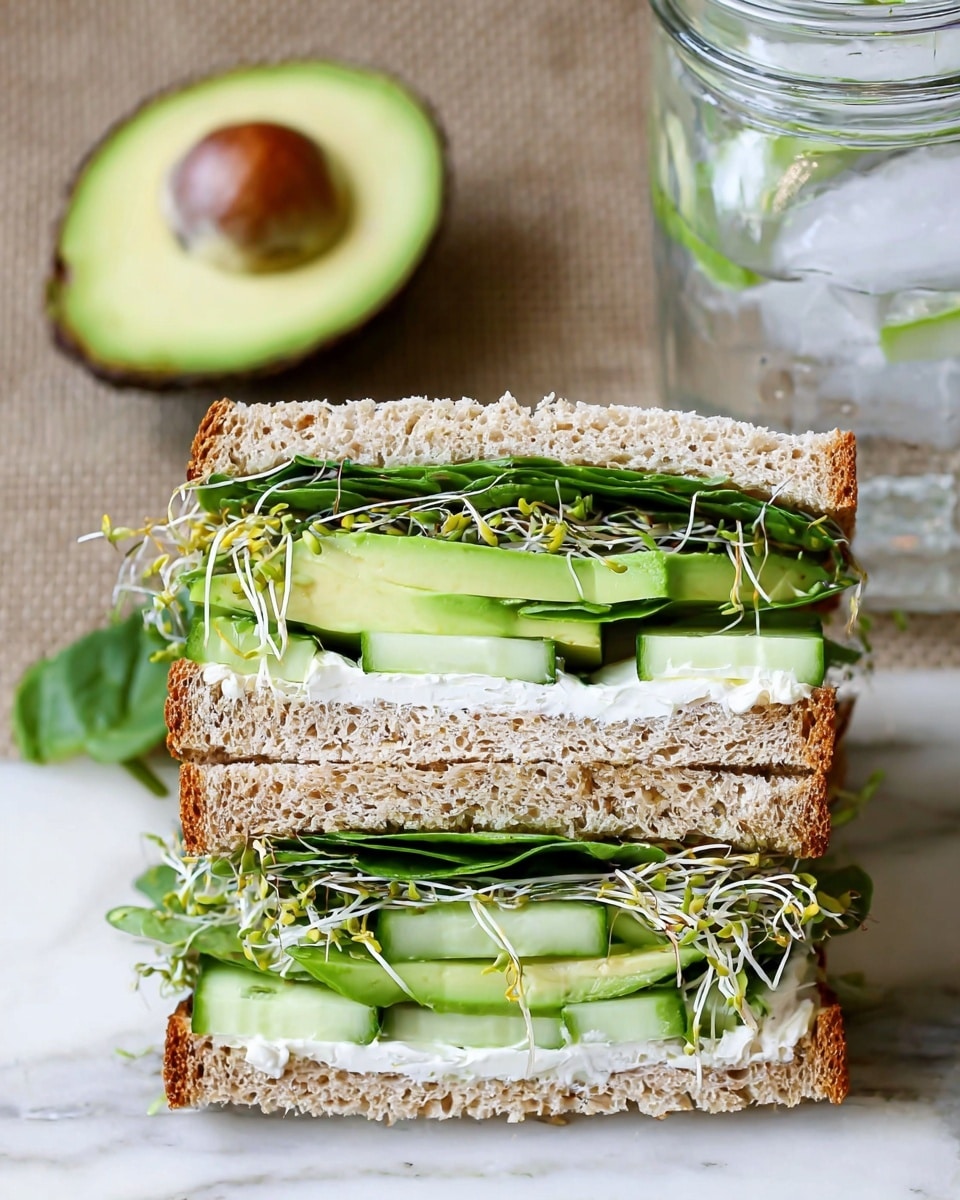 A close-up of a tall sandwich cut in half and stacked, showing multiple layers inside whole wheat bread slices. The bottom layer has white creamy spread on the bread, topped with green avocado slices and light green cucumber pieces. Next is a layer of green leafy spinach and white alfalfa sprouts with delicate yellow tips. The top sandwich half reveals another creamy white spread, a thick slice of bright green avocado, and dark green slices of cucumber. Above the sandwich, there is half of a fresh avocado with a large seed in it, and to the side is a glass jar with ice water. The full scene is set on a white marbled textured surface. Photo taken with an iphone --ar 4:5 --v 7