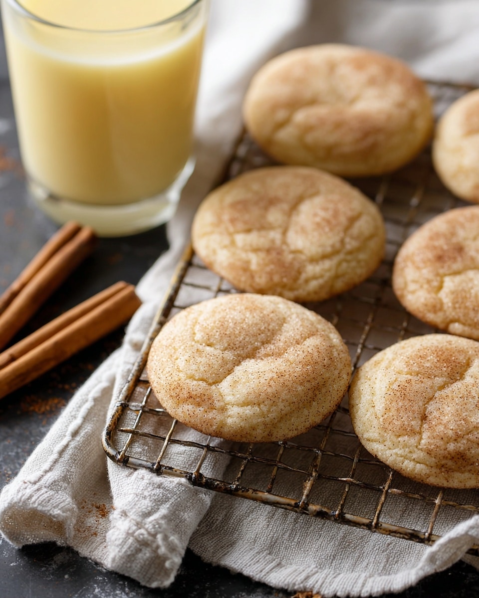 The image shows several round snickerdoodle cookies resting on a metal cooling rack above a soft, light gray cloth. Each cookie has a slightly cracked surface with a light beige color speckled with cinnamon sugar crystals giving a textured look. Two cinnamon sticks lie in the background near a glass filled with a creamy yellow drink, adding warmth to the setting. The scene is set on a dark table with a white marbled texture background visible around the edges. photo taken with an iphone --ar 4:5 --v 7