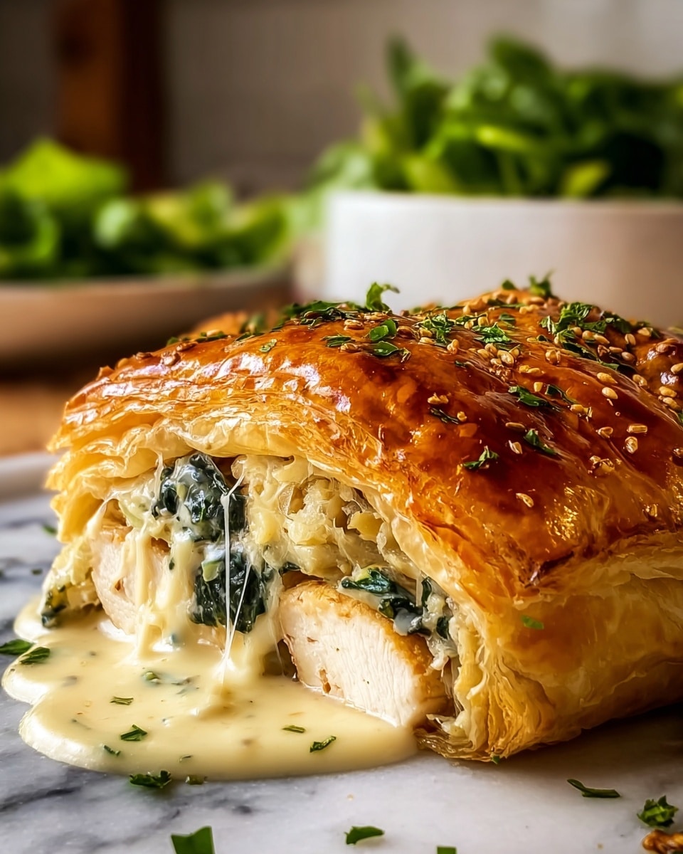 A close-up of a golden-brown puff pastry with a shiny, flaky top sprinkled with green herbs. Inside, there are three visible layers: the outer crispy pastry, a creamy light yellow cheese sauce mixed with dark green spinach, and a thick layer of white cooked chicken breast. The creamy sauce is oozing out onto a white marbled surface, garnished with small green herb pieces. In the background, there is a white bowl filled with fresh green leaves, softly blurred. photo taken with an iphone --ar 4:5 --v 7