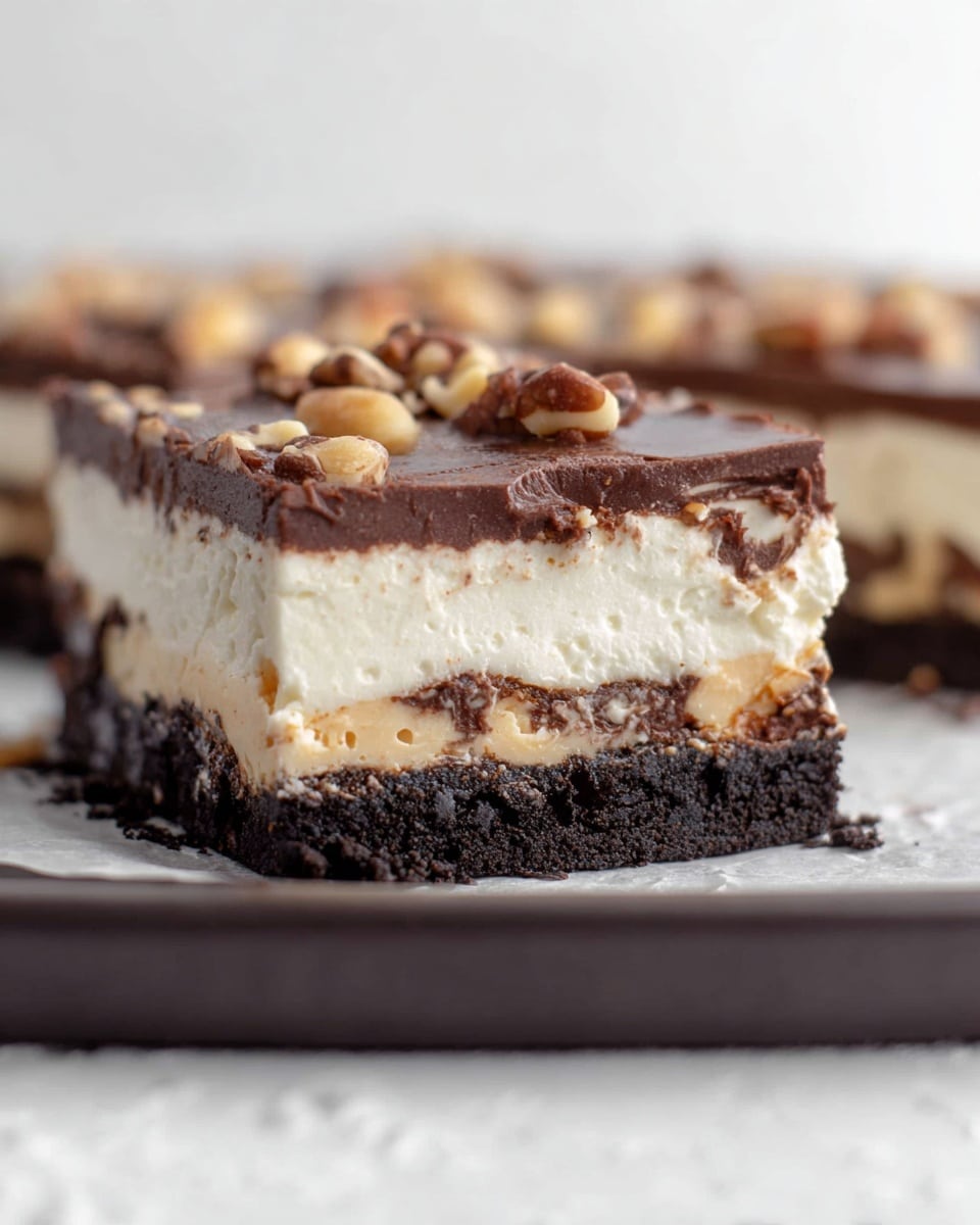 A close-up side view of a layered dessert on a dark tray with a white marbled background. The bottom layer is thick, crumbly, dark chocolate cookie crust. Above it is a thick creamy white layer with a smooth texture. The next layer is dark chocolate with bits of nuts scattered inside. Above that is a fluffy, creamy white layer, followed by a dark chocolate top layer studded with chunky nuts. The layers are distinct and even, showing a balance of smooth cream and crunchy chocolate nuts. Photo taken with an iphone --ar 4:5 --v 7