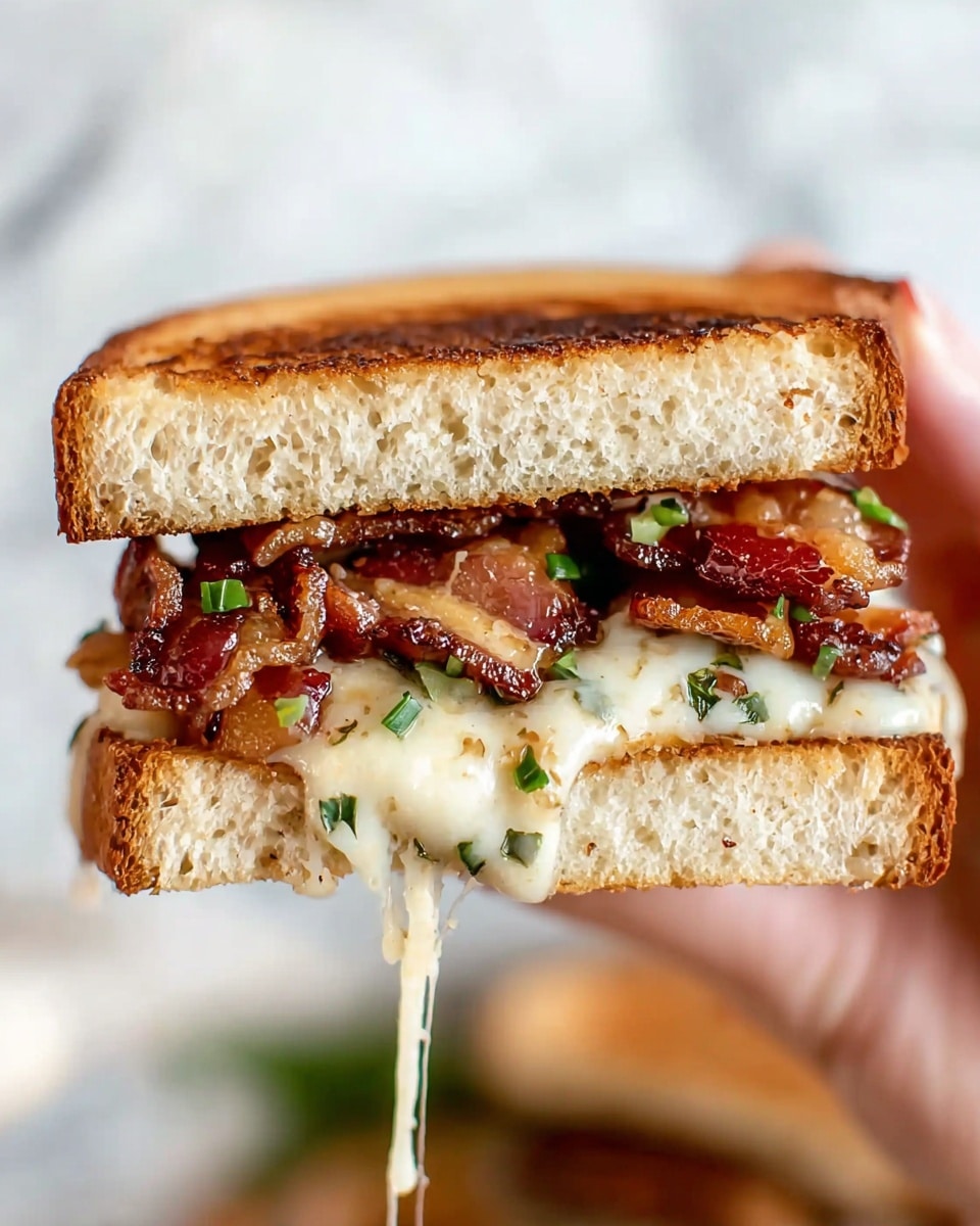 A close-up of a sandwich held by a woman's hand, showing three main layers. The top and bottom layers are slices of toasted white bread with a golden brown, slightly crispy texture. The middle layer has crispy, browned bacon pieces with a shiny, oily surface, topped with small green herb pieces. Below the bacon, there is melted cheese with a white color and specks of green herbs, stretching out as it drips down from the sandwich. The background is softly blurred with a white marbled texture. photo taken with an iphone --ar 4:5 --v 7