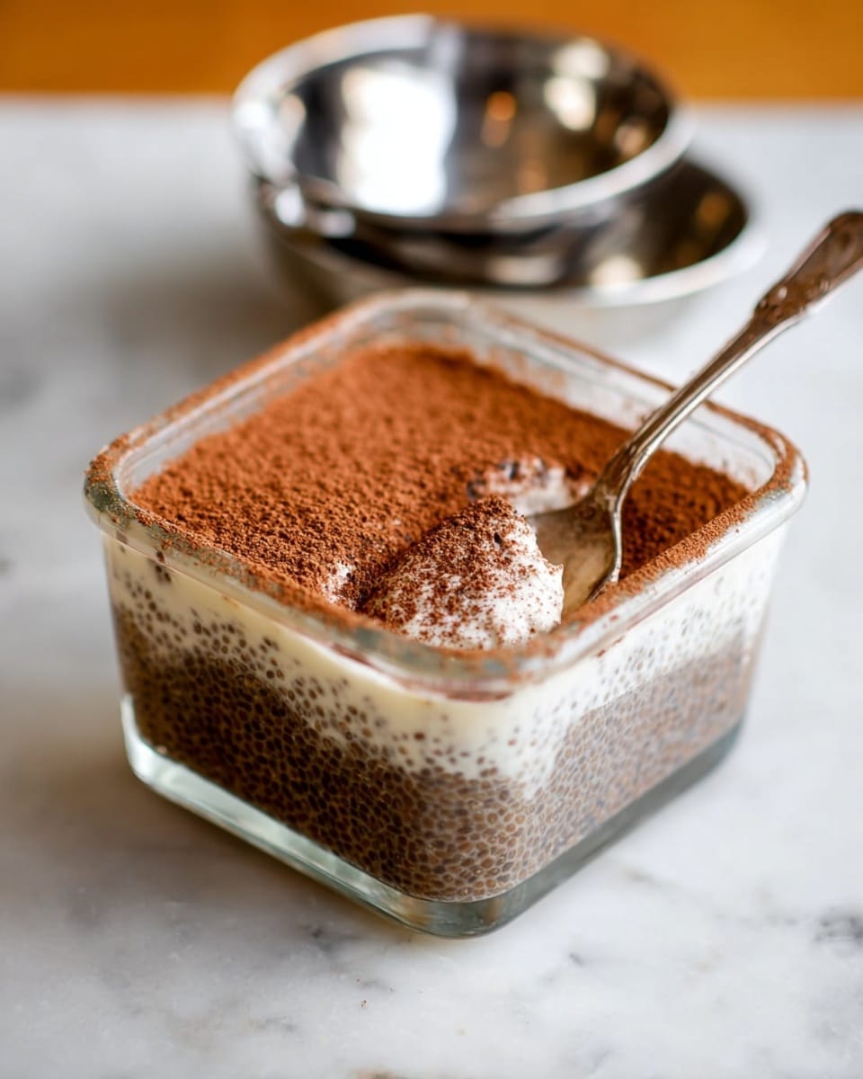 A clear square glass container holds a layered dessert placed on a white marbled surface. The bottom layer is dark brown with visible chia seed textures, while the middle layer is creamy white and thick. The top layer is dusted with a fine layer of brown cocoa powder, covering the surface evenly. A spoon is inserted on the right side, scooping some of the creamy white layer. In the blurred background, there are stacked shiny silver bowls resting on the white marbled surface. photo taken with an iphone --ar 4:5 --v 7